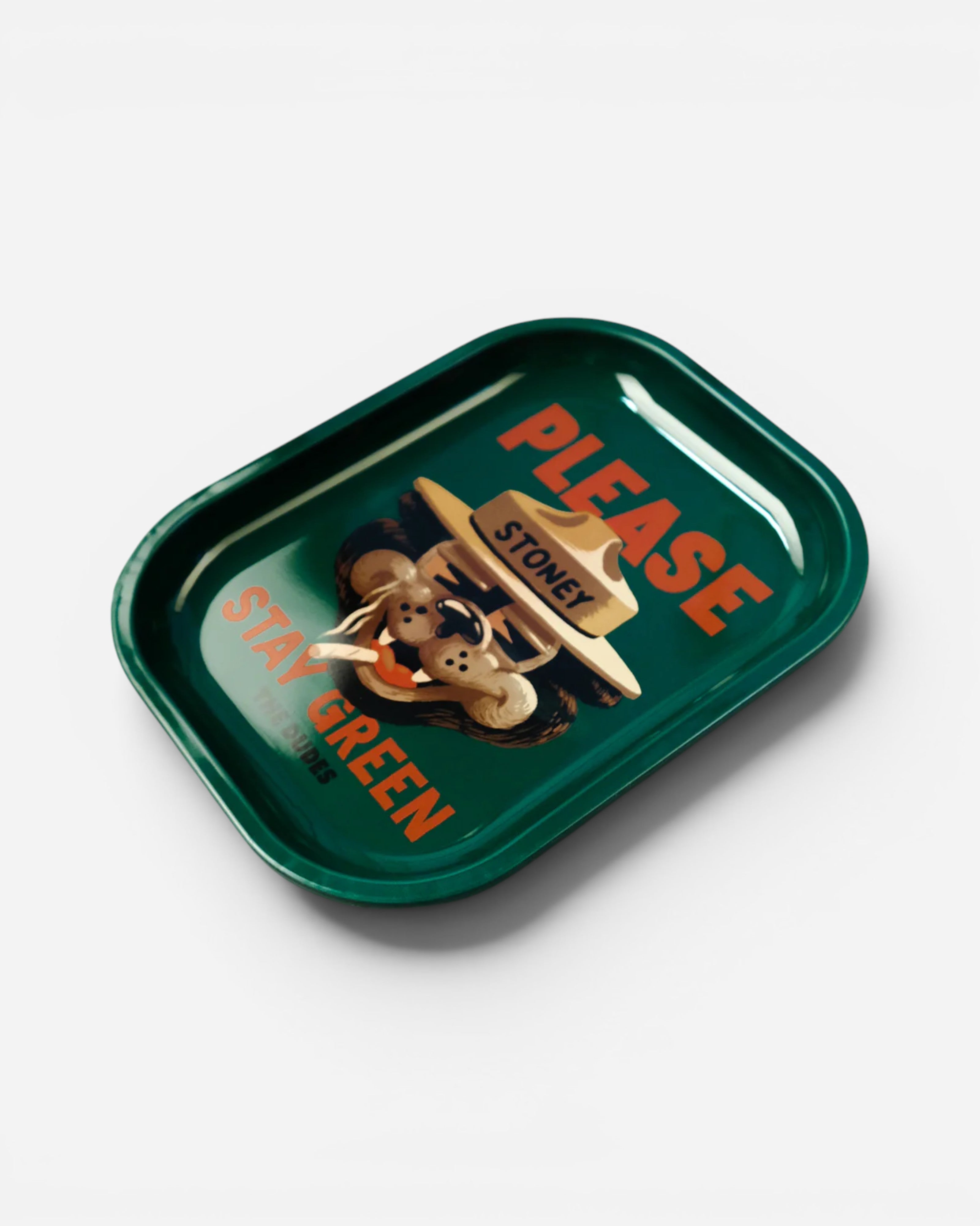 Astrofat green metal rolling tray with "Stay Green" and "Please Stoney" text and cartoon character graphic.