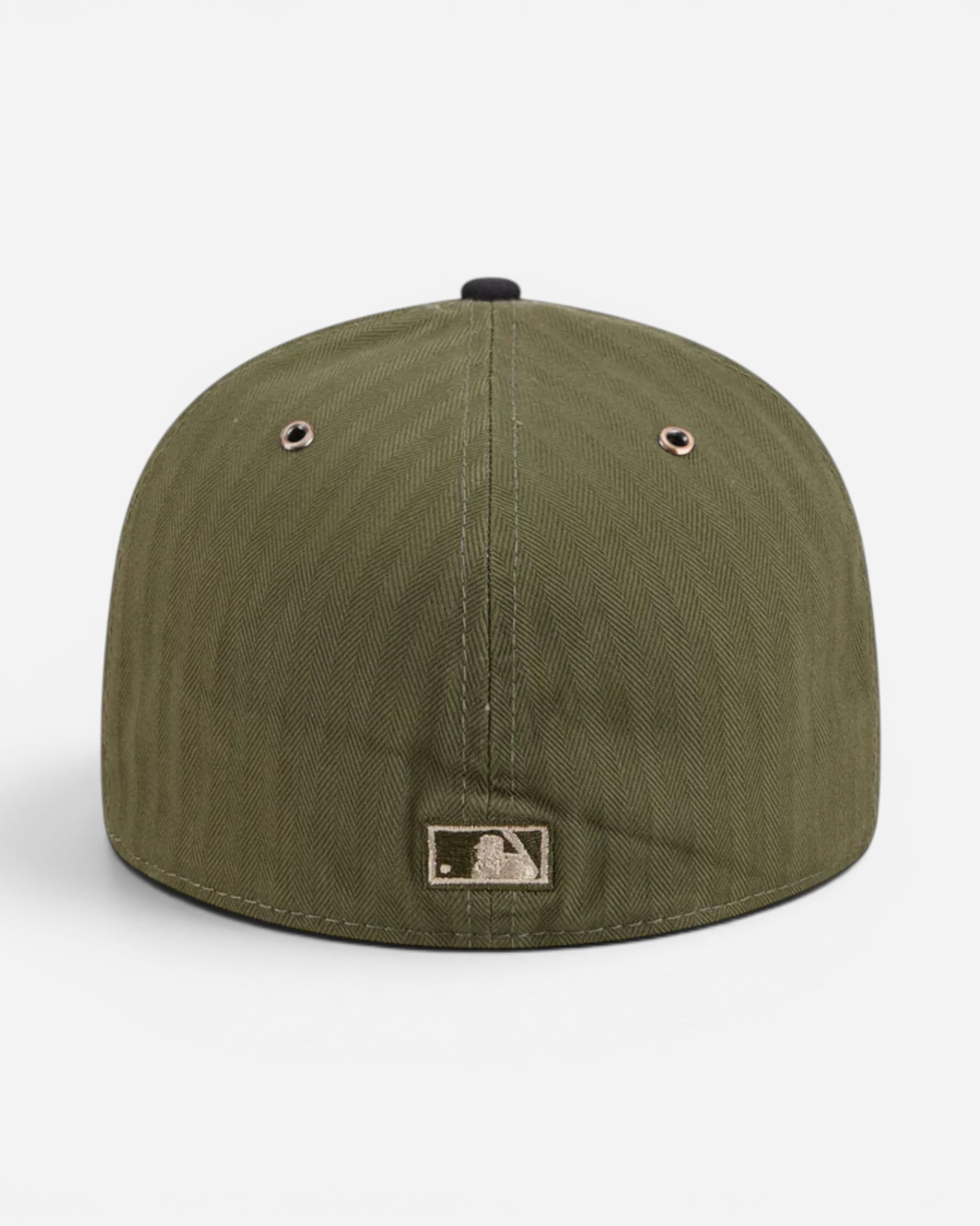 Astrofat olive green herringbone fitted cap with a flat brim and embroidered MLB logo on the back.