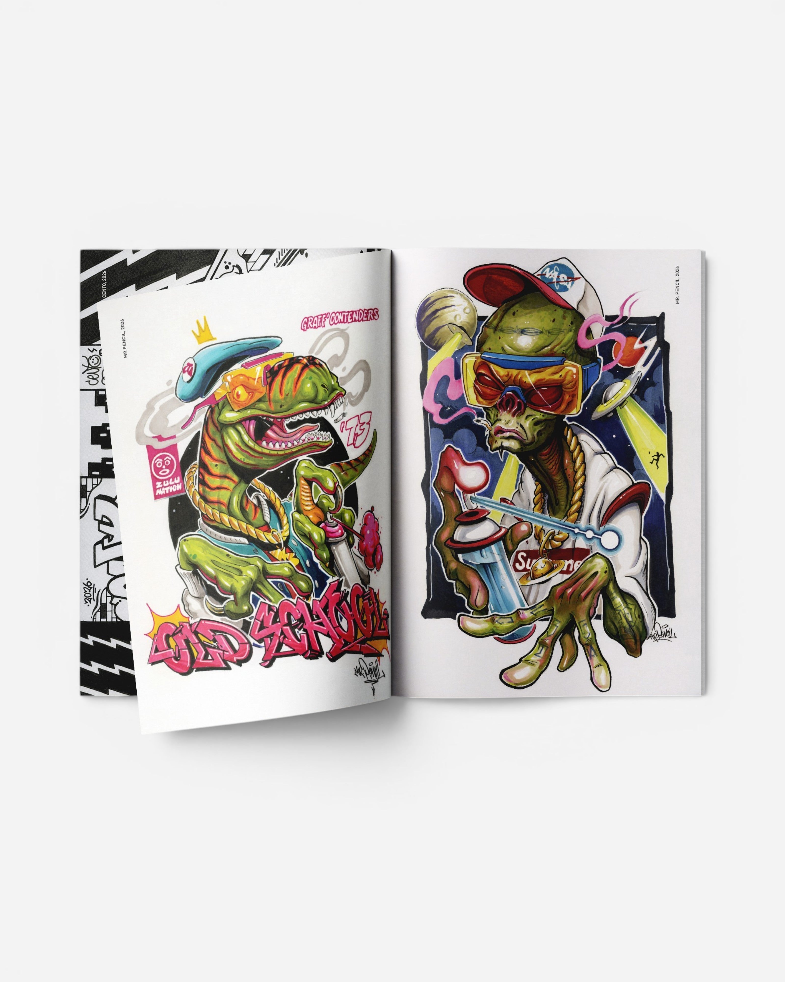 Astrofat PUPPETS: 30 Italian Masters Of Hip Hop Characters Vol.2 book featuring graffiti art of a dinosaur and an alien.