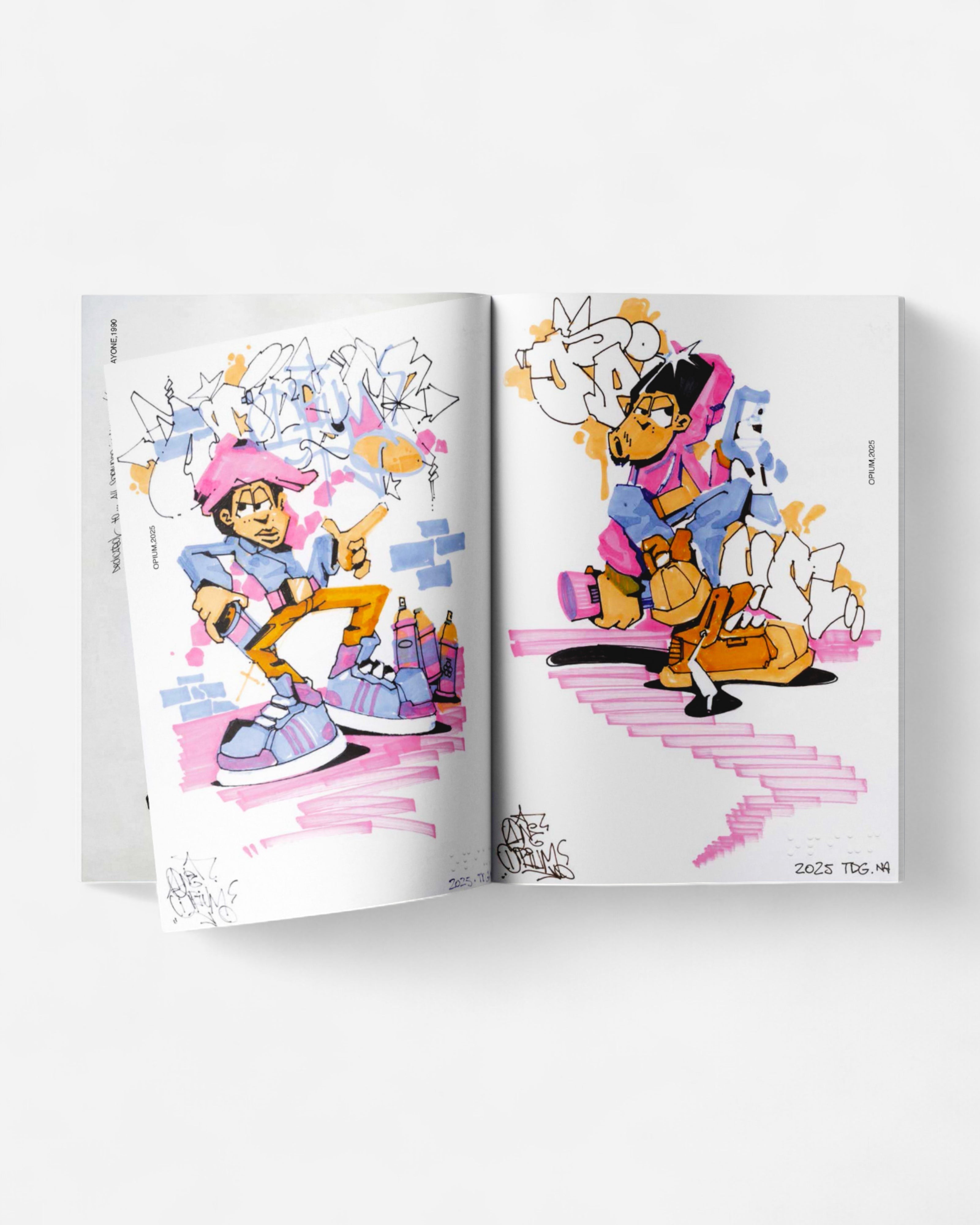 Astrofat PUPPETS: 30 Italian Masters Of Hip Hop Characters Vol.1 book open to pages with colorful graffiti art characters.
