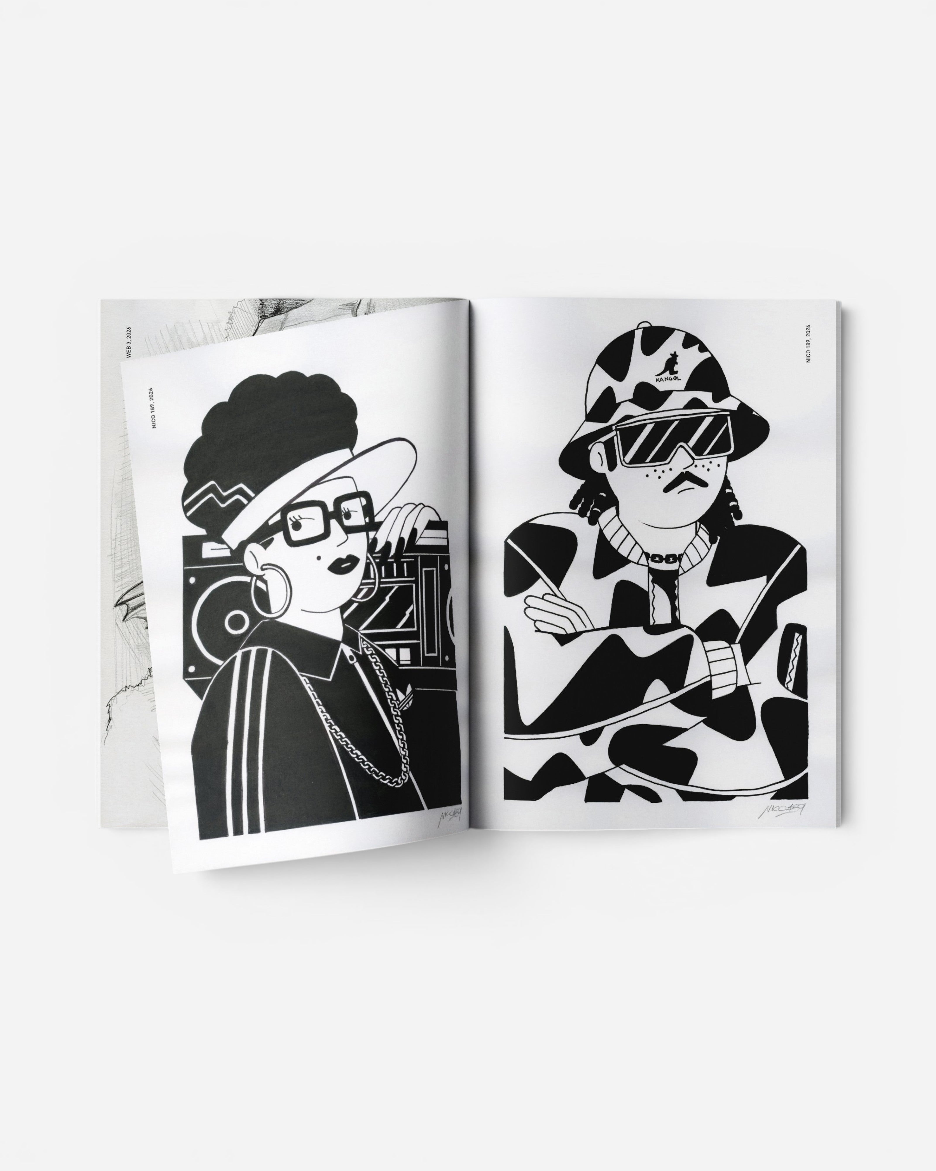Astrofat: Book featuring black and white illustrations of hip hop characters, one with a boombox, the other wearing a bucket hat.