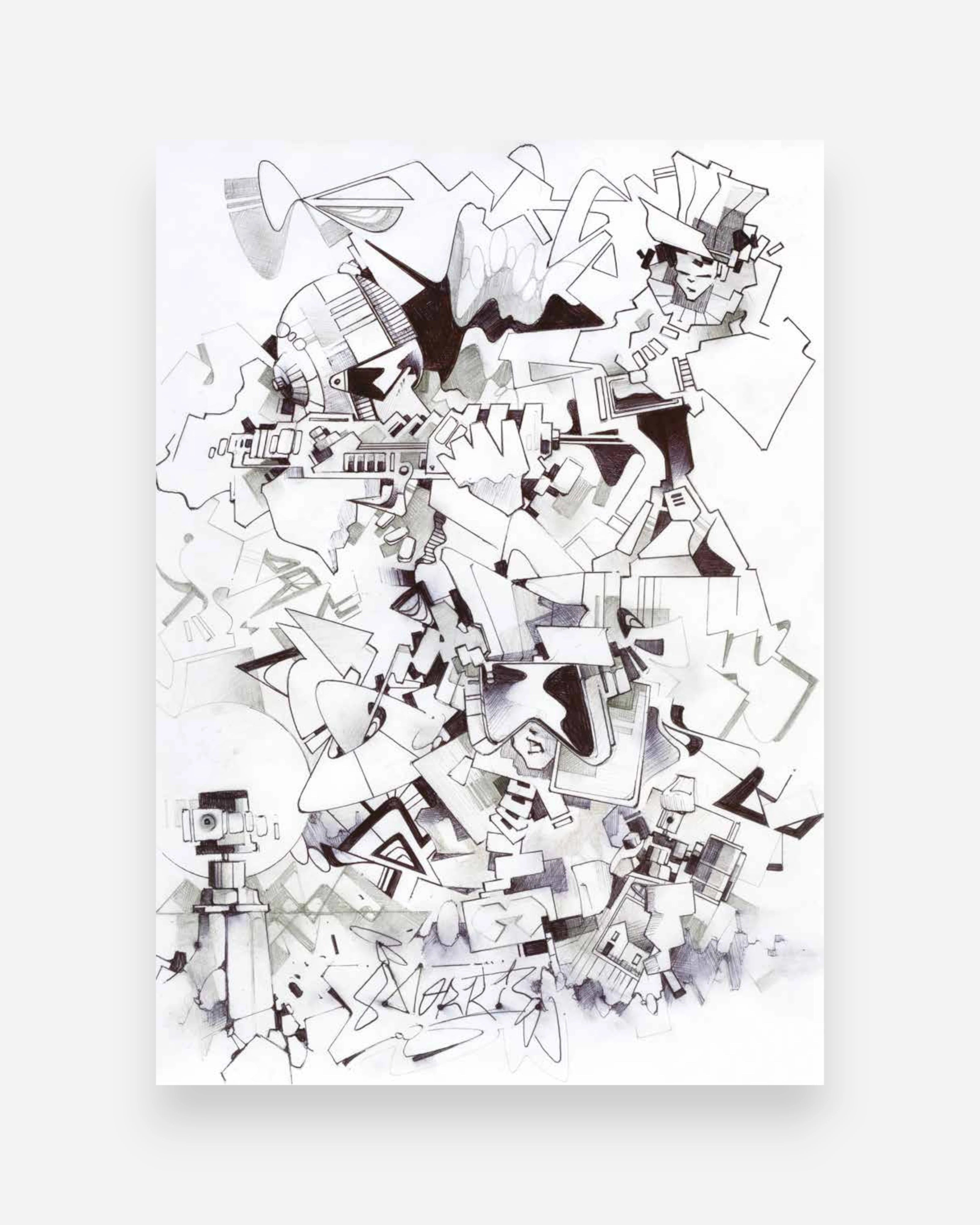 Astrofat PUPPETS: 30 Italian Masters Of Hip Hop Characters Vol.1 book cover art, black and white abstract graffiti sketch.