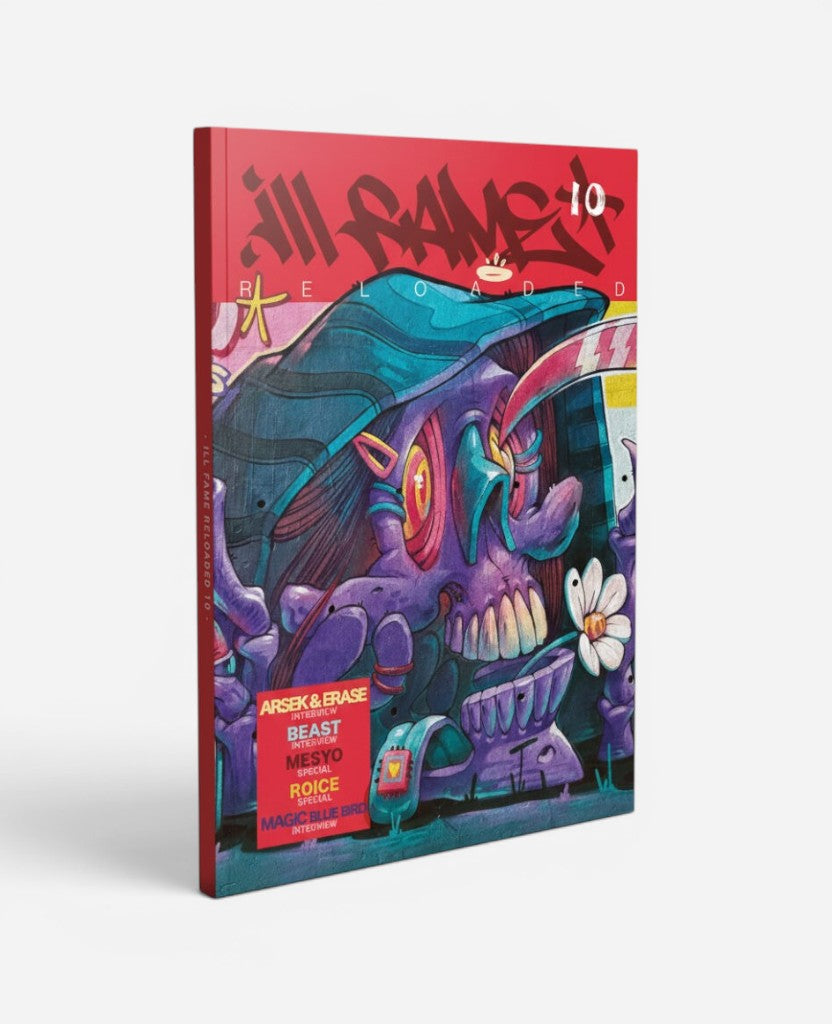 Ill Fame Magazine Issue 10 cover featuring vibrant purple and teal graffiti art of a skull-like creature with a flower.