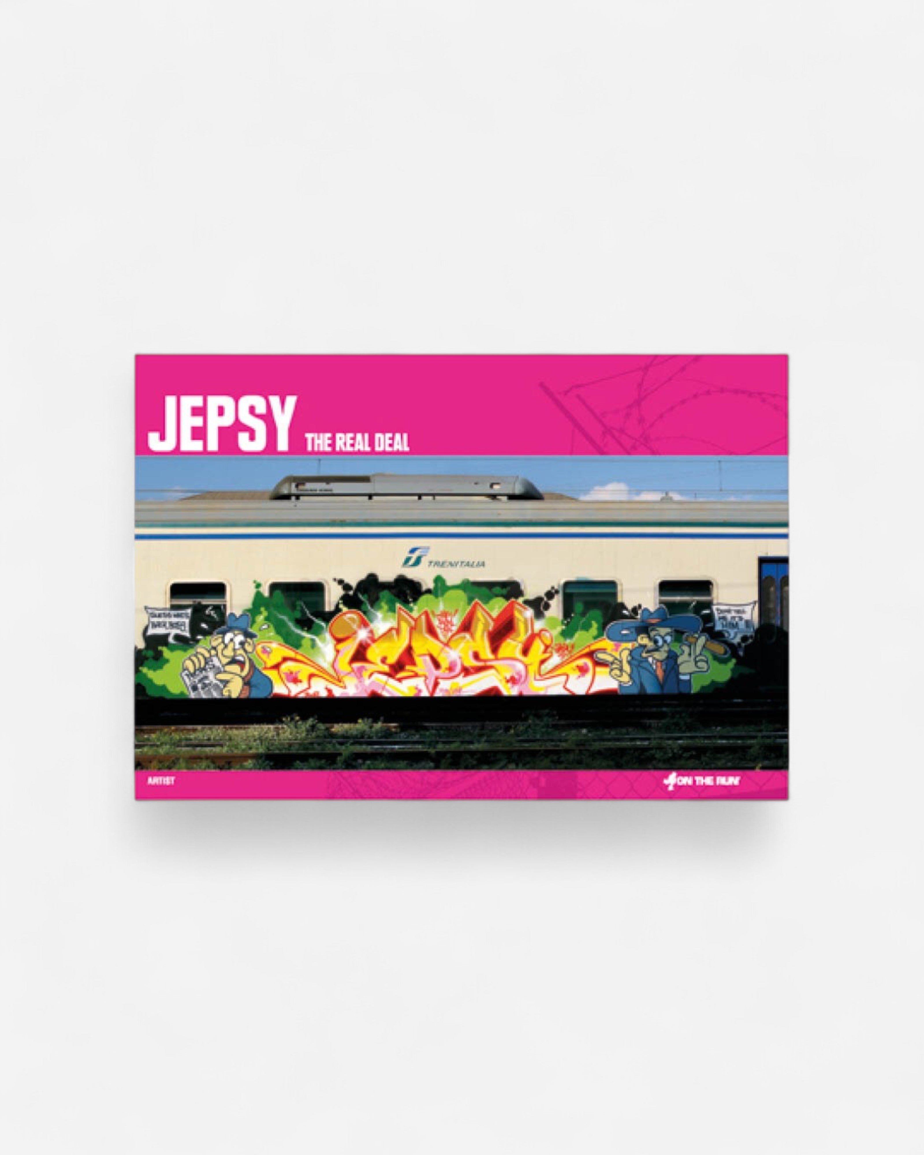 Astrofat Jepsy The Real Deal graffiti art magnet featuring cartoon characters and vibrant graffiti on a Trenitalia train.