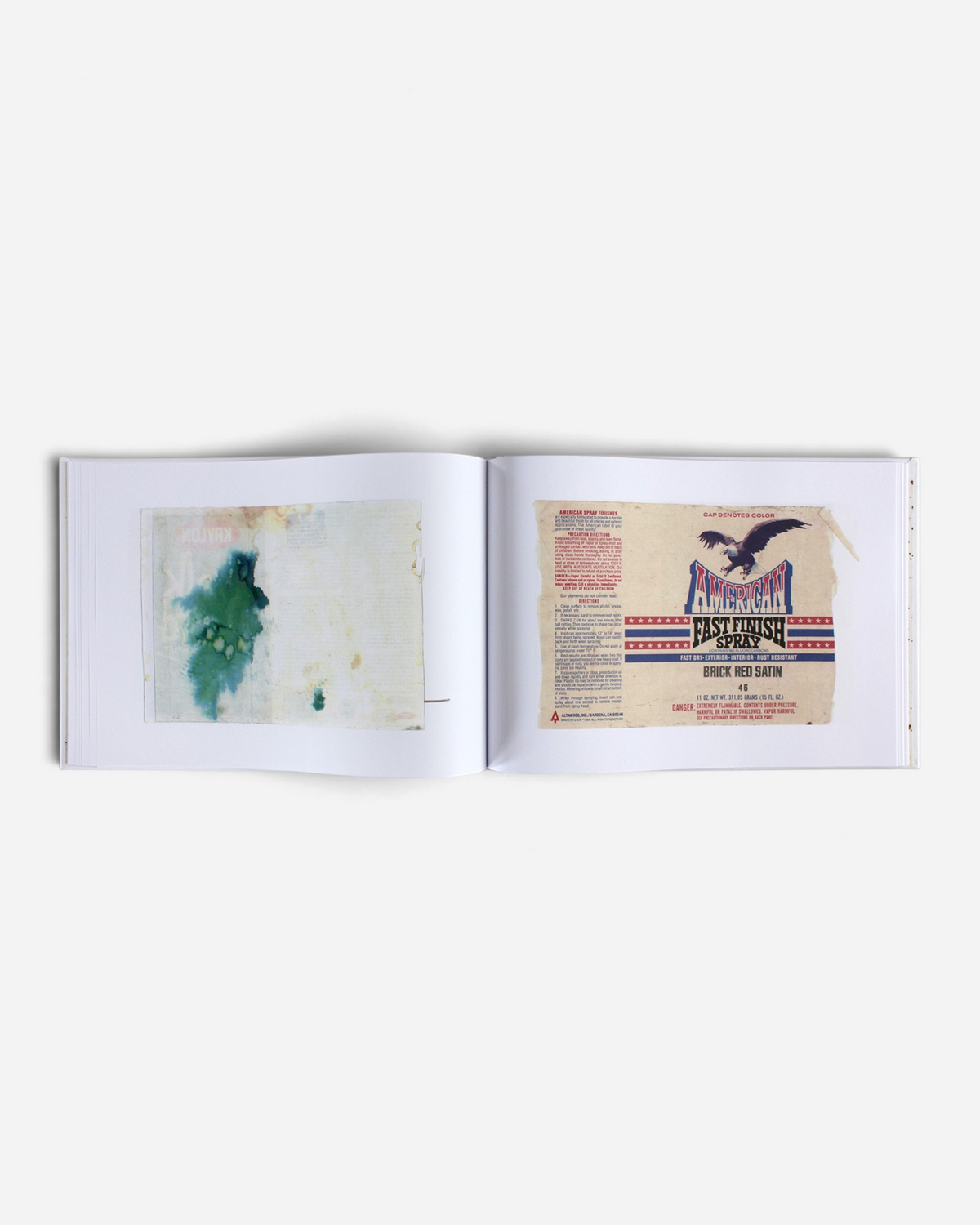 Astrofat Kept Paper Labels art book open to a page featuring vintage American spray paint label ephemera