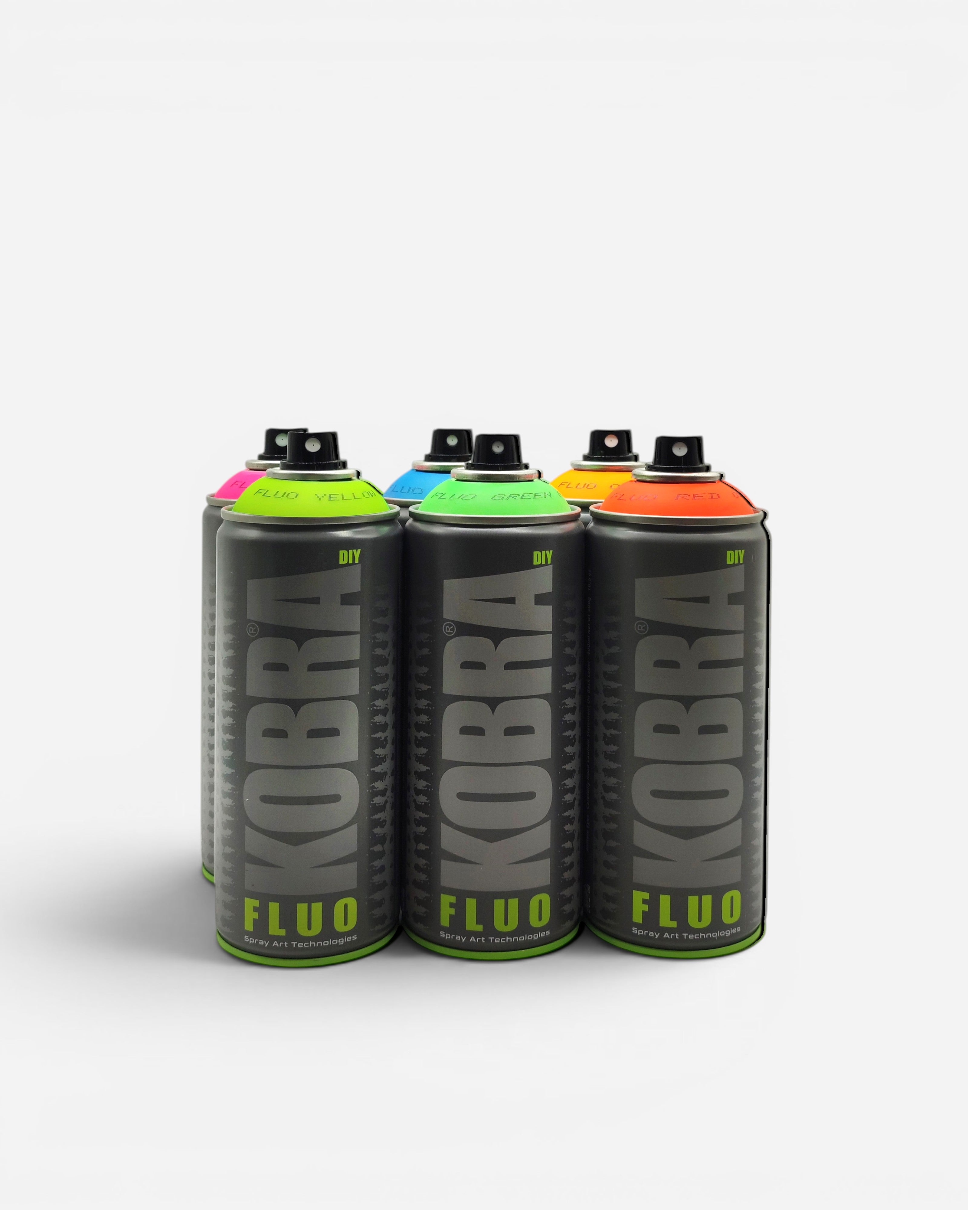 Astrofat Kobra DIY Fluo 6x Pack spray paint cans in fluorescent yellow, green, blue, orange, pink, and red.