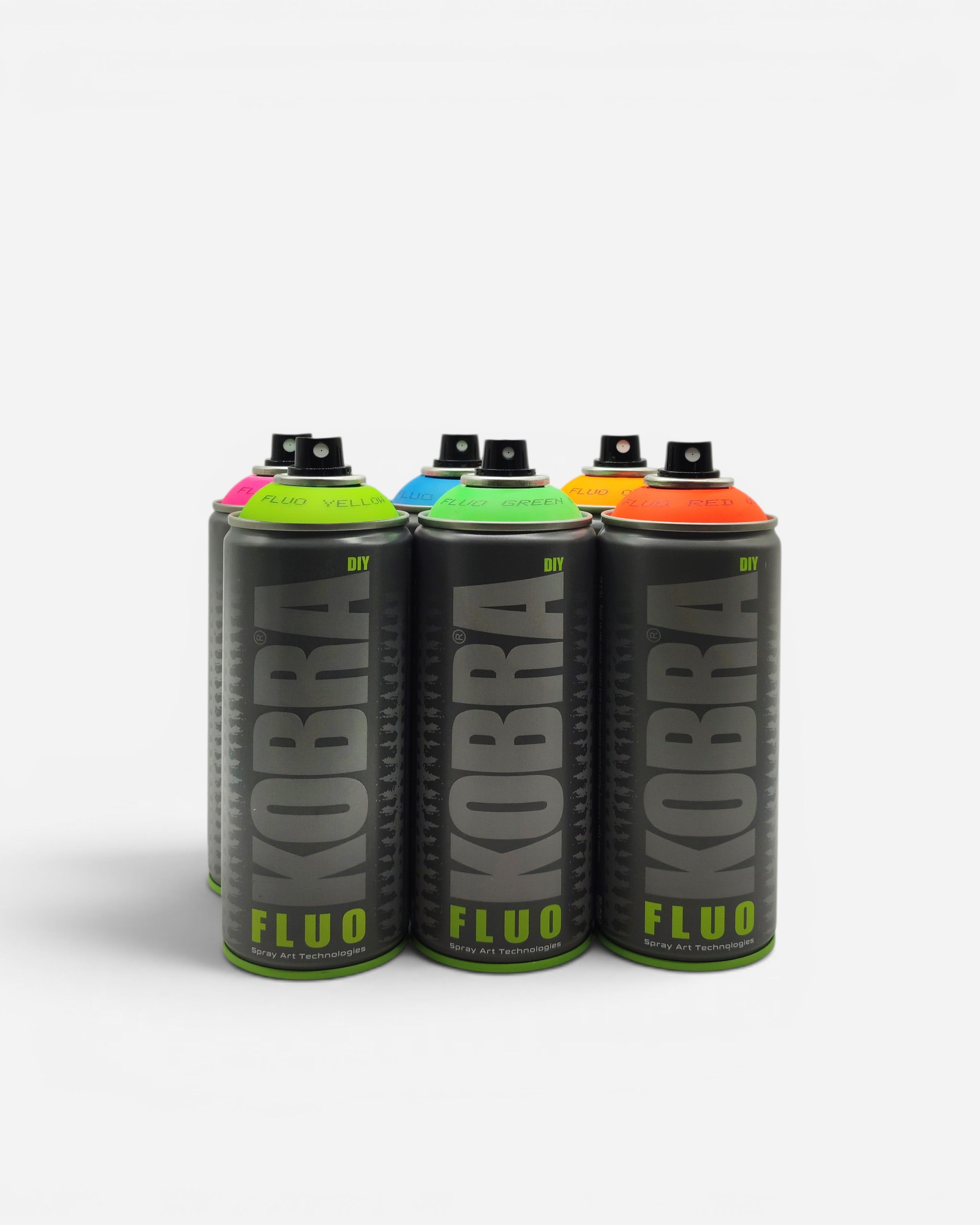 Astrofat Kobra DIY Fluo 6x Pack spray paint cans in fluorescent yellow, green, blue, orange, pink, and red.