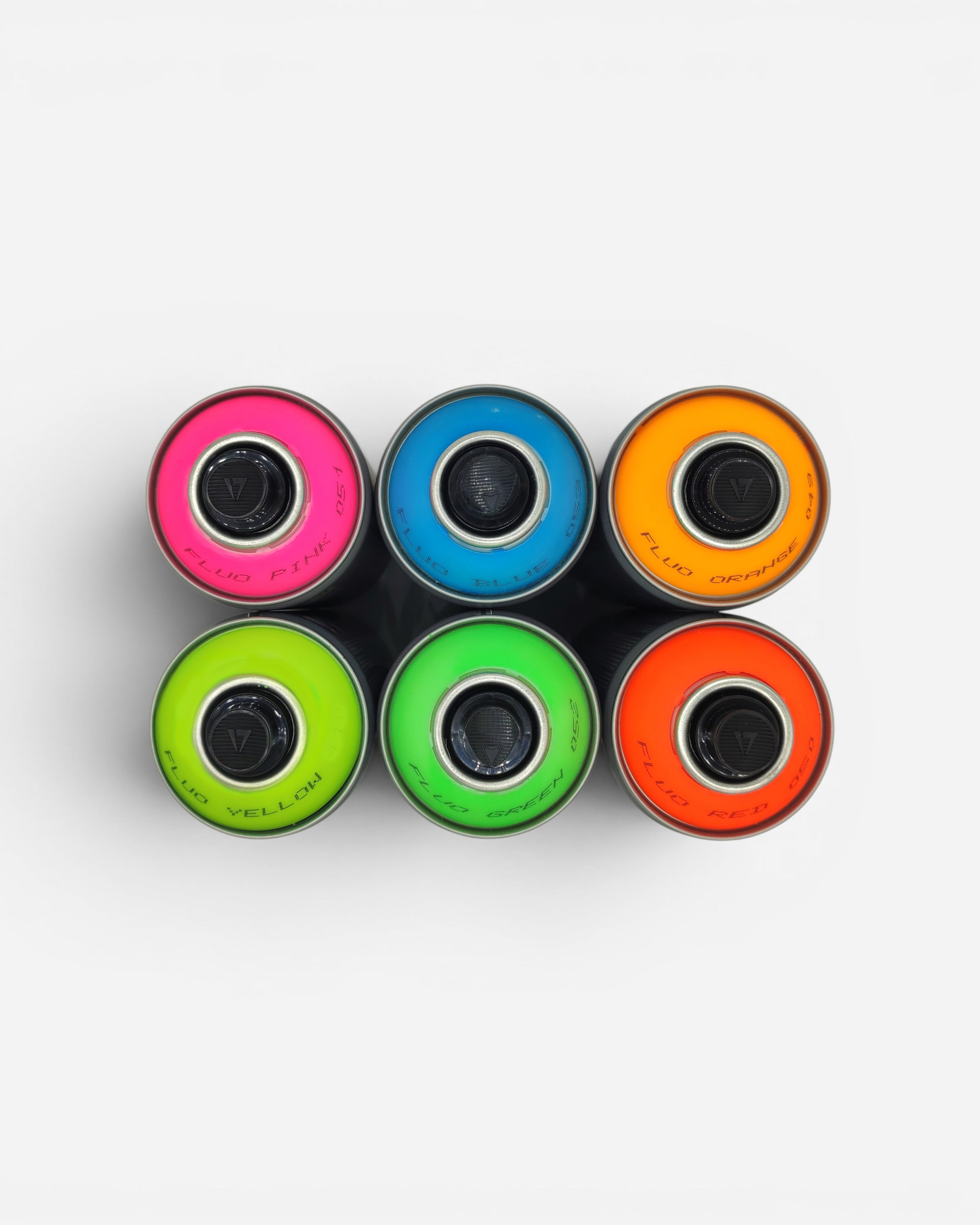 Astrofat Kobra DIY Fluo 6x Pack of spray paint cans in pink, blue, orange, yellow, green, and red.