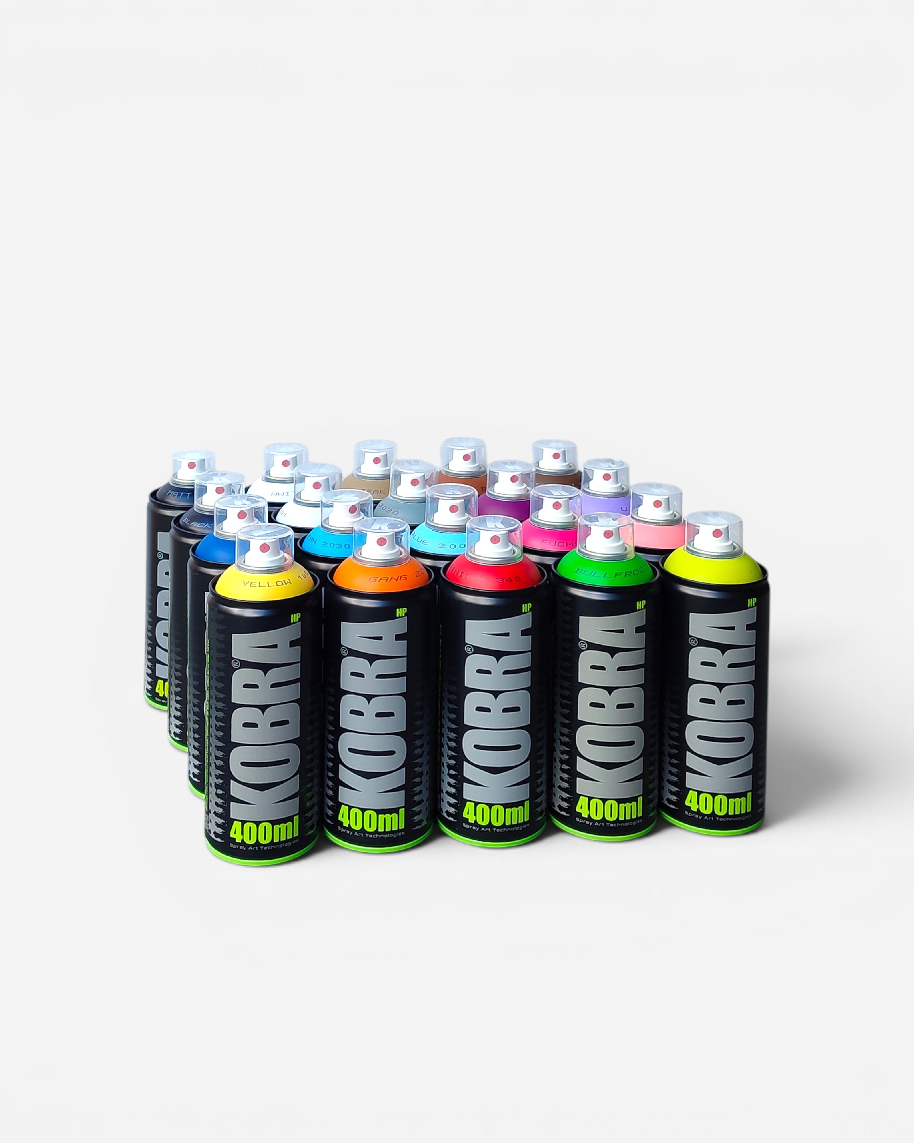 Astrofat Kobra HP 20x pack of 400ml spray paint cans in various colors like yellow, orange, red, green, and blue.