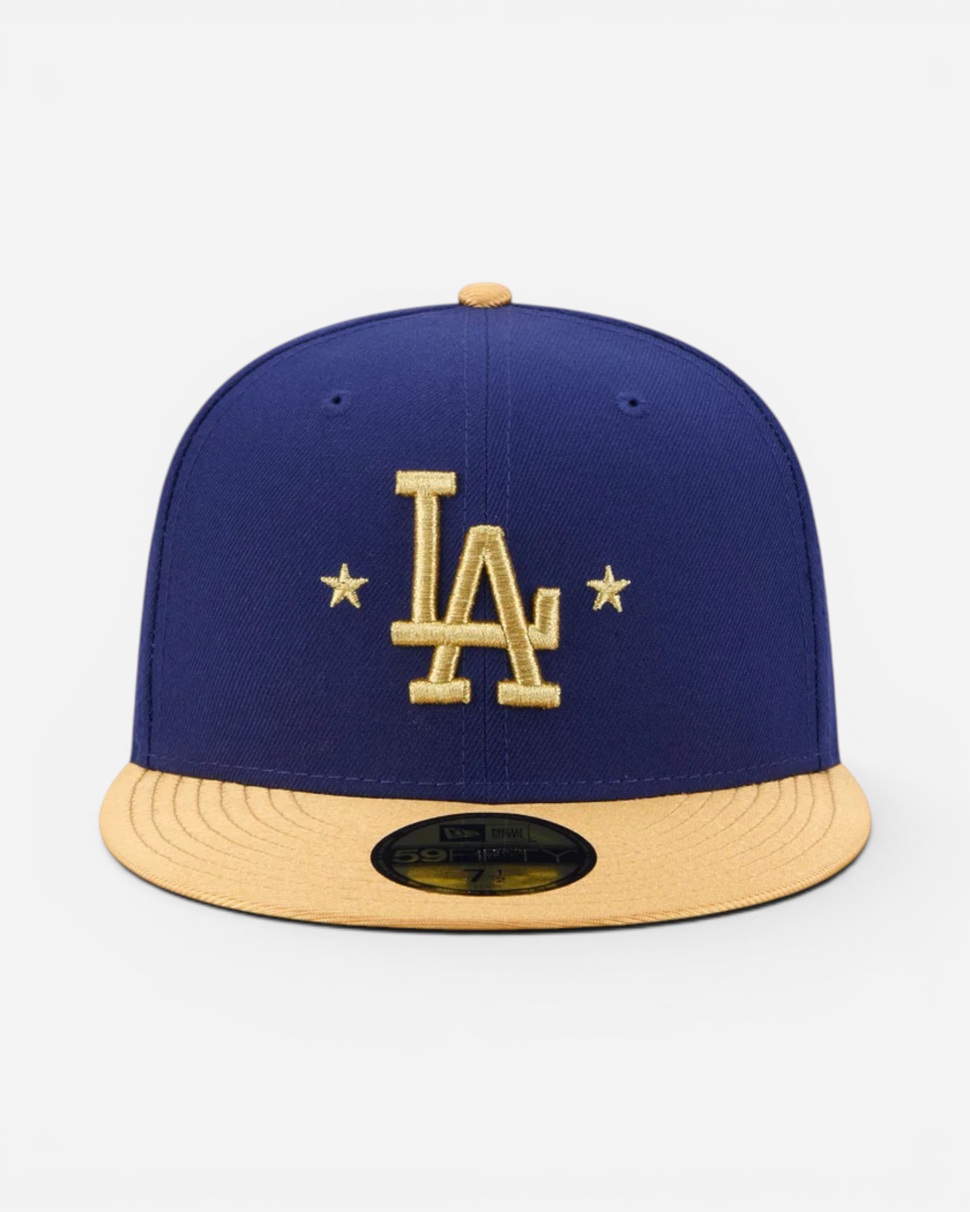 Astrofat dark blue fitted baseball cap with gold LA Dodgers logo and stars, gold brim, and MLB details.