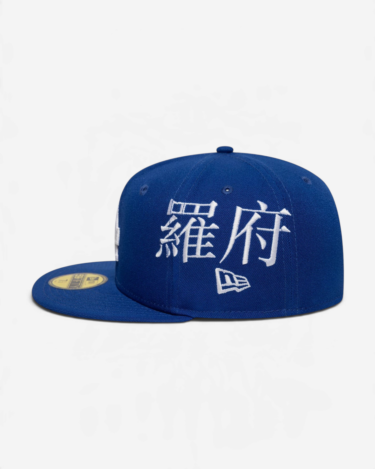 Astrofat blue 59FIFTY LA Dodgers fitted cap featuring white Kanji embroidery and a flat visor