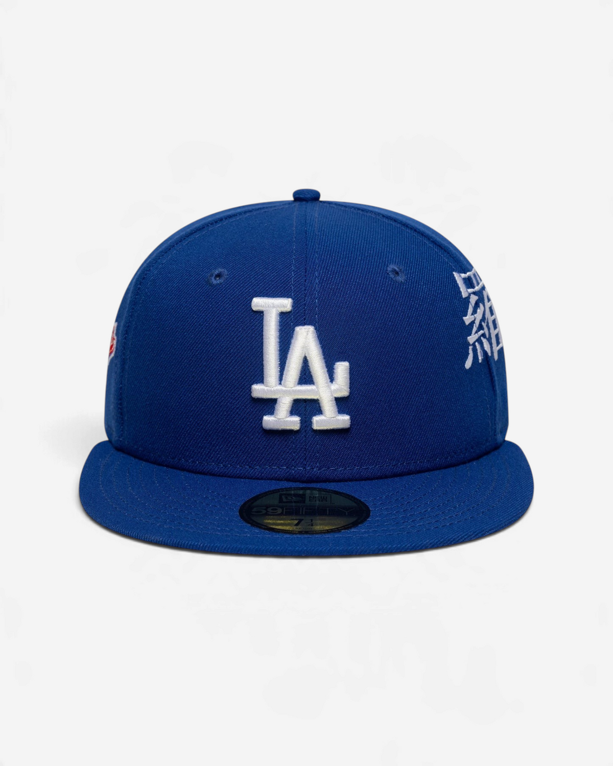 Astrofat blue 59FIFTY LA Dodgers fitted cap with white embroidered logo, Kanji side patch, and flat visor.