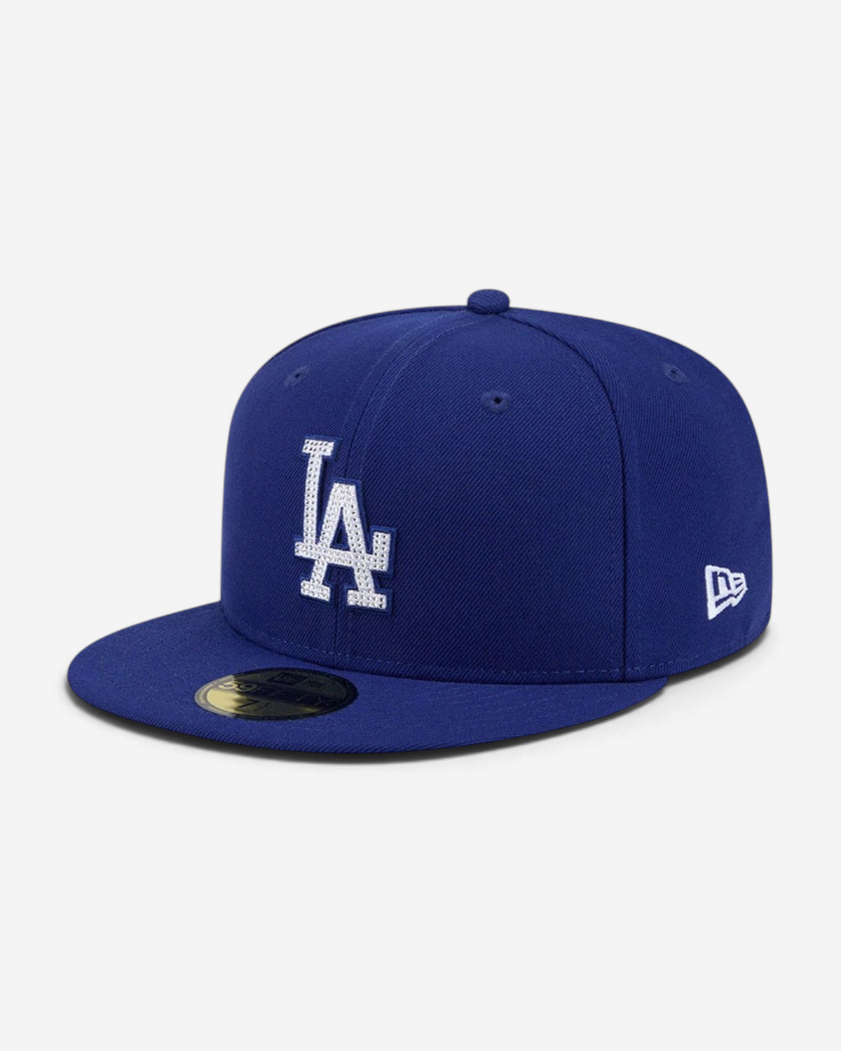 Astrofat 59FIFTY LA Dodgers fitted cap in dark blue with a white rhinestone LA logo and flat visor.