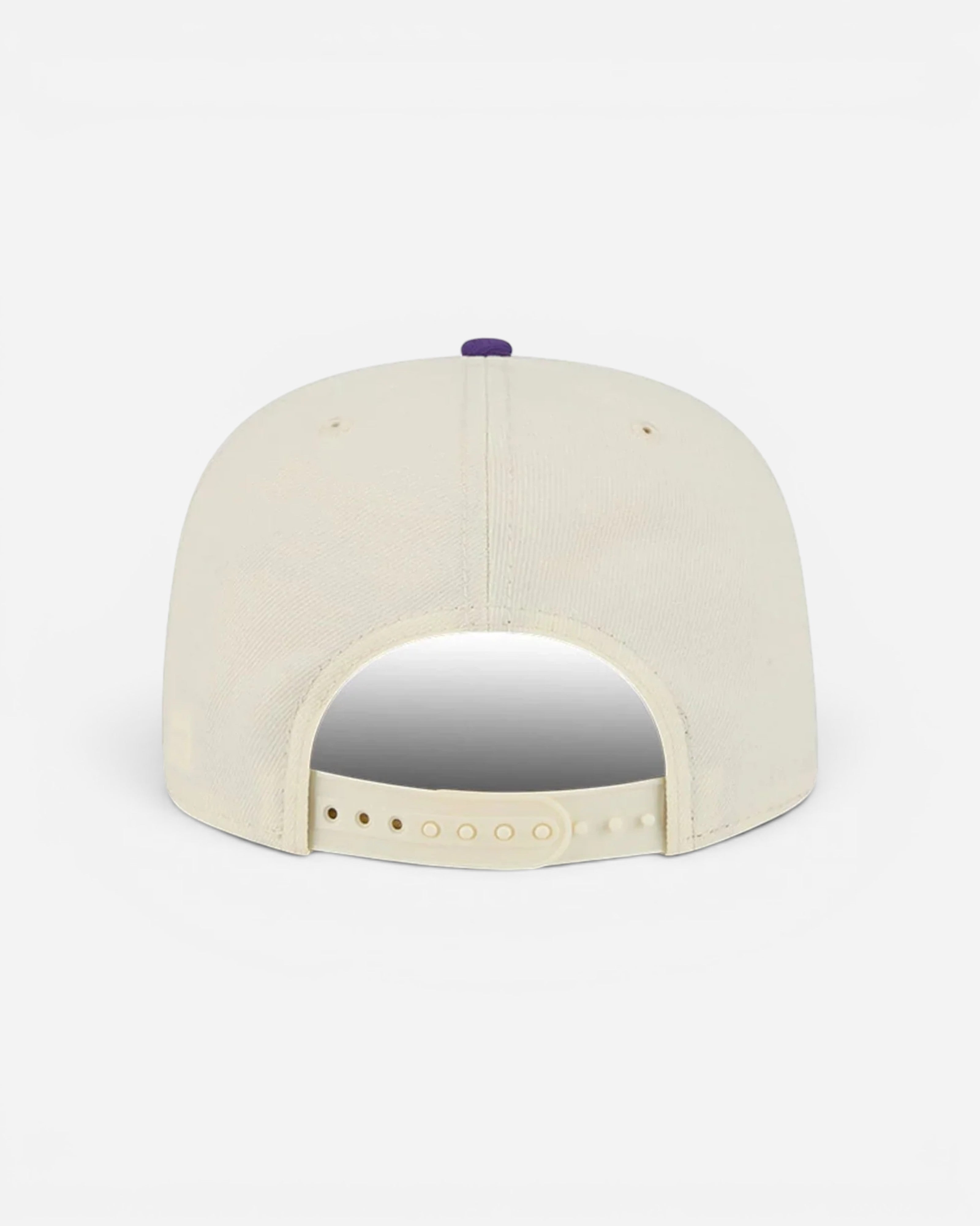 Astrofat 9FIFTY NBA Hardwood Classic All Star Game Los Angeles Lakers cream snapback hat with purple button and adjustable strap.