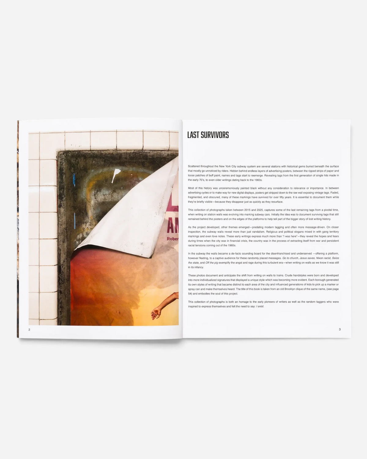 Astrofat Last Survivors book spread showing a photograph of peeling subway tiles with graffiti and accompanying text.