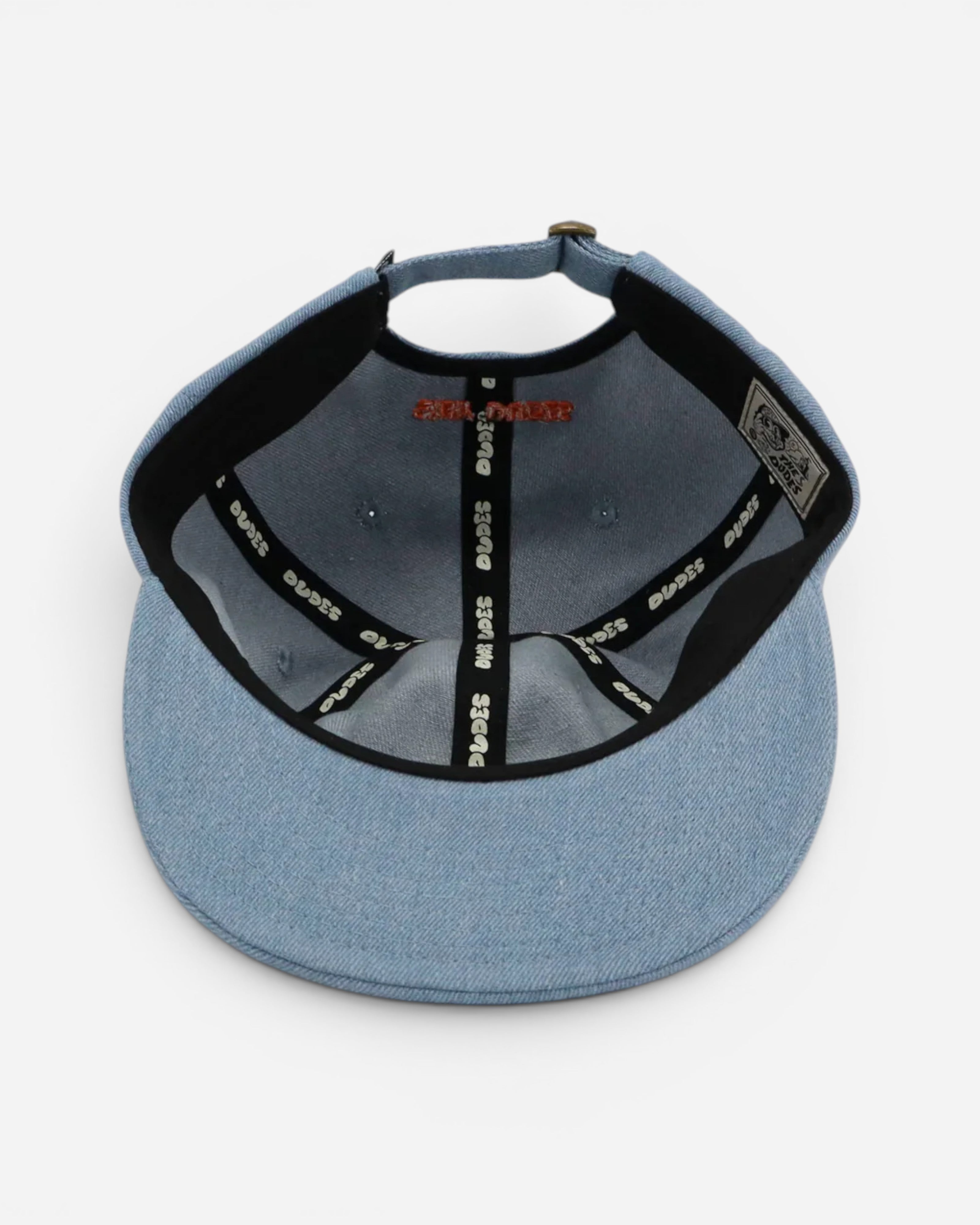 Astrofat light blue denim baseball cap with adjustable strap and embroidered logo detail inside.
