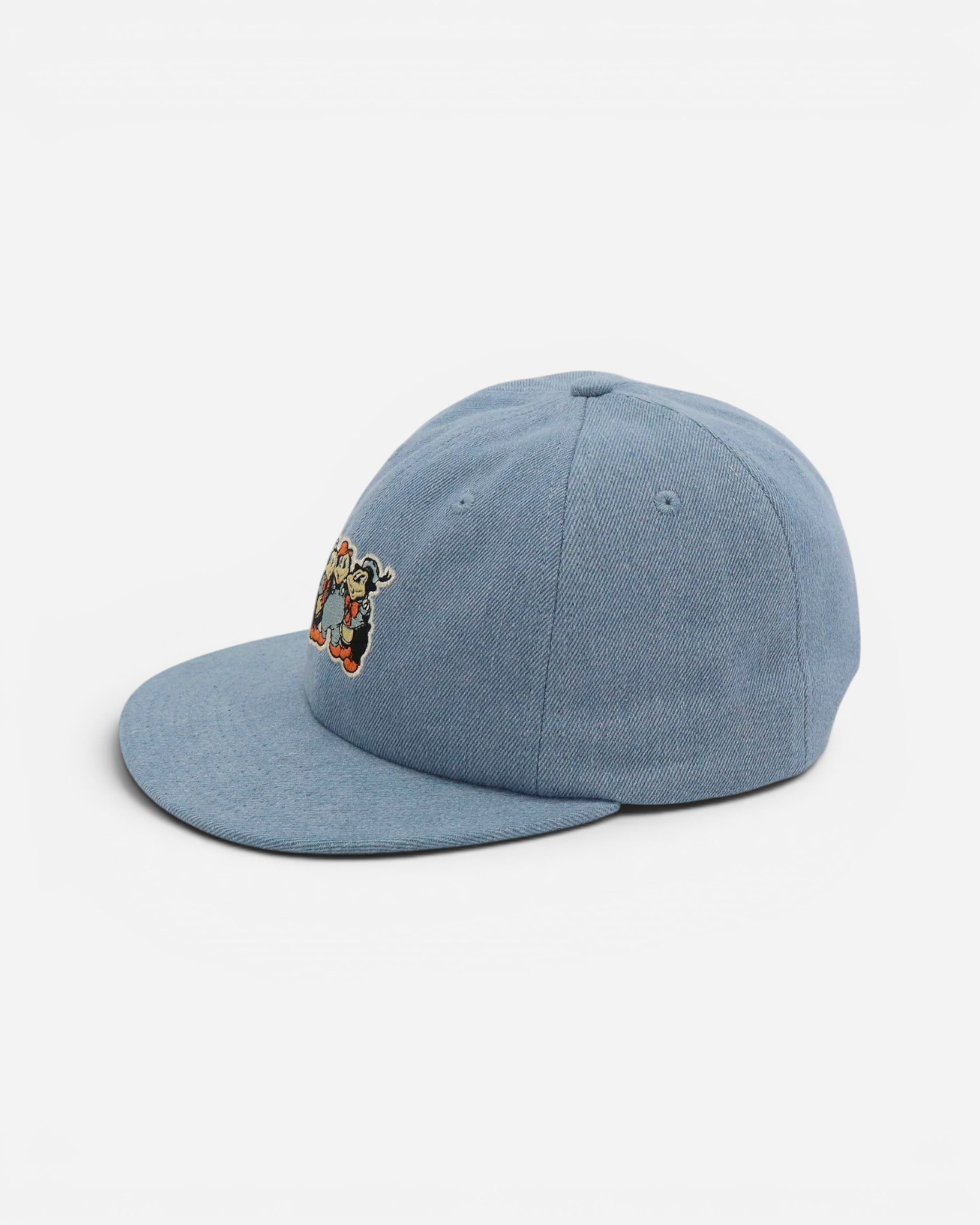 Astrofat light blue denim cap with embroidered cartoon characters on the front. This unisex cap has a snap-back closure and is one size fits all.