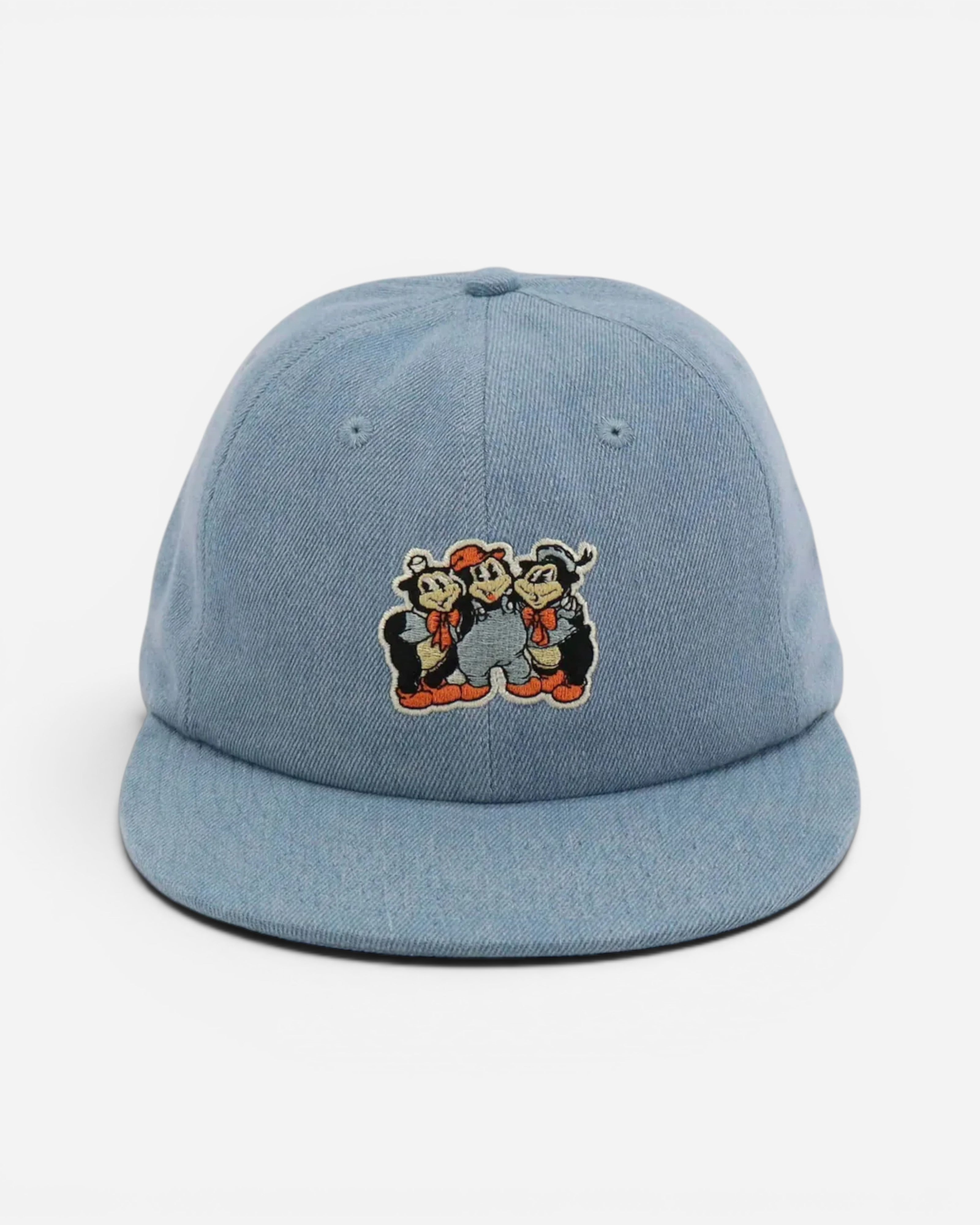 Astrofat light blue denim cap with embroidered graphic of three cartoon characters. Unisex, one size fits all.
