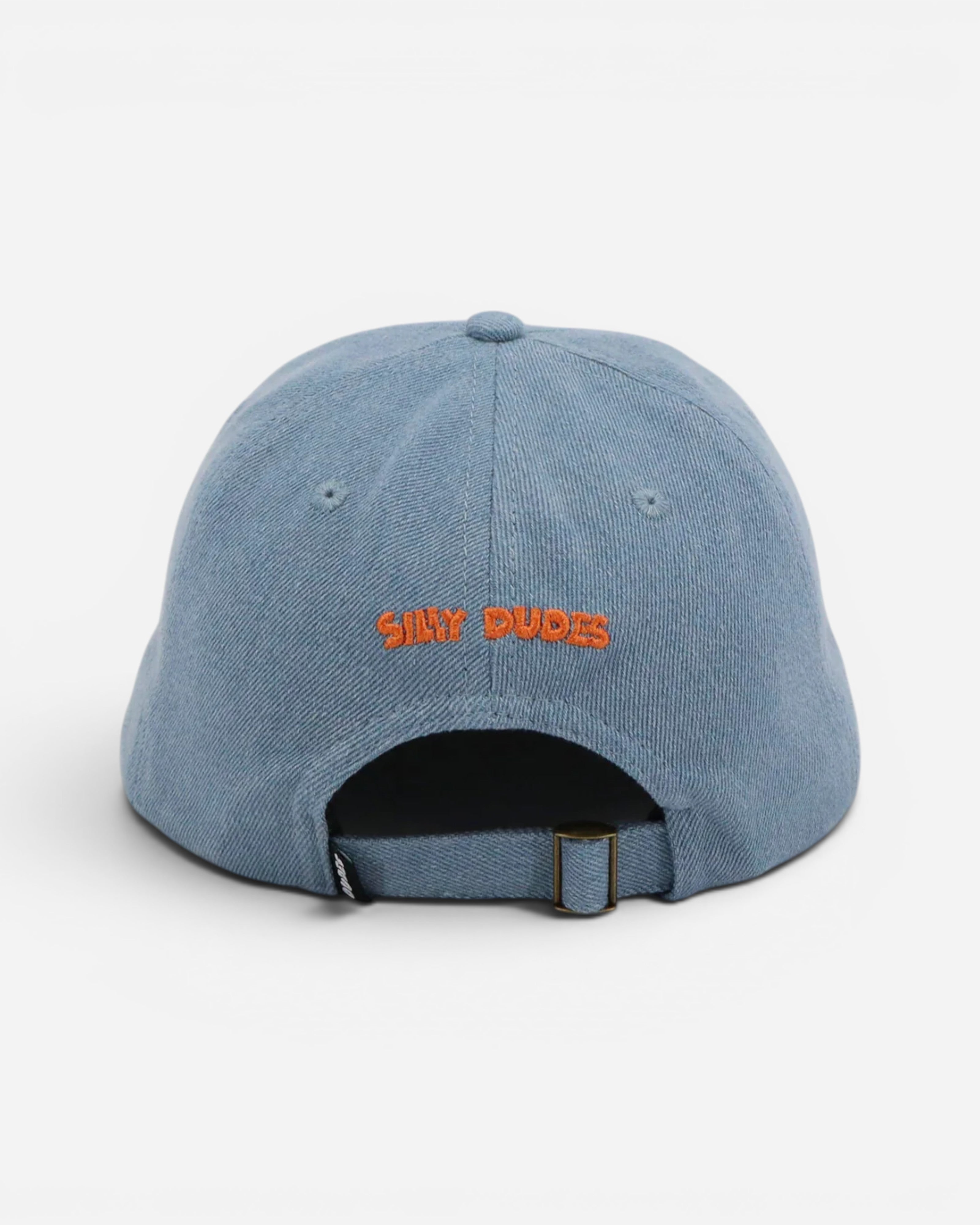 Astrofat light blue denim baseball cap with orange "Silly Dudes" embroidery and adjustable strap.