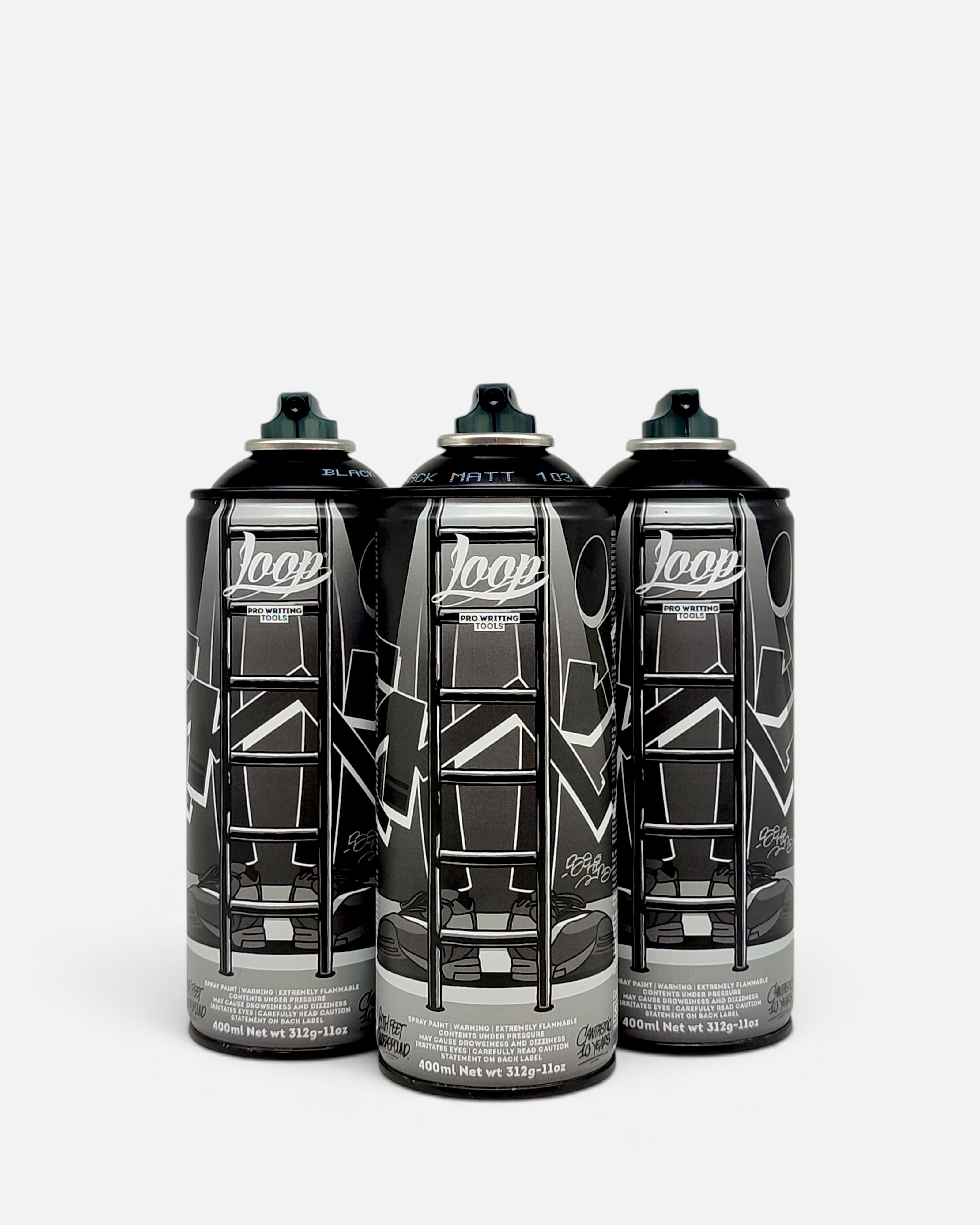 Astrofat Loop x Cantastic 10 Years Anniversary limited edition spray paint cans in LP 139 Beastville York black matte.