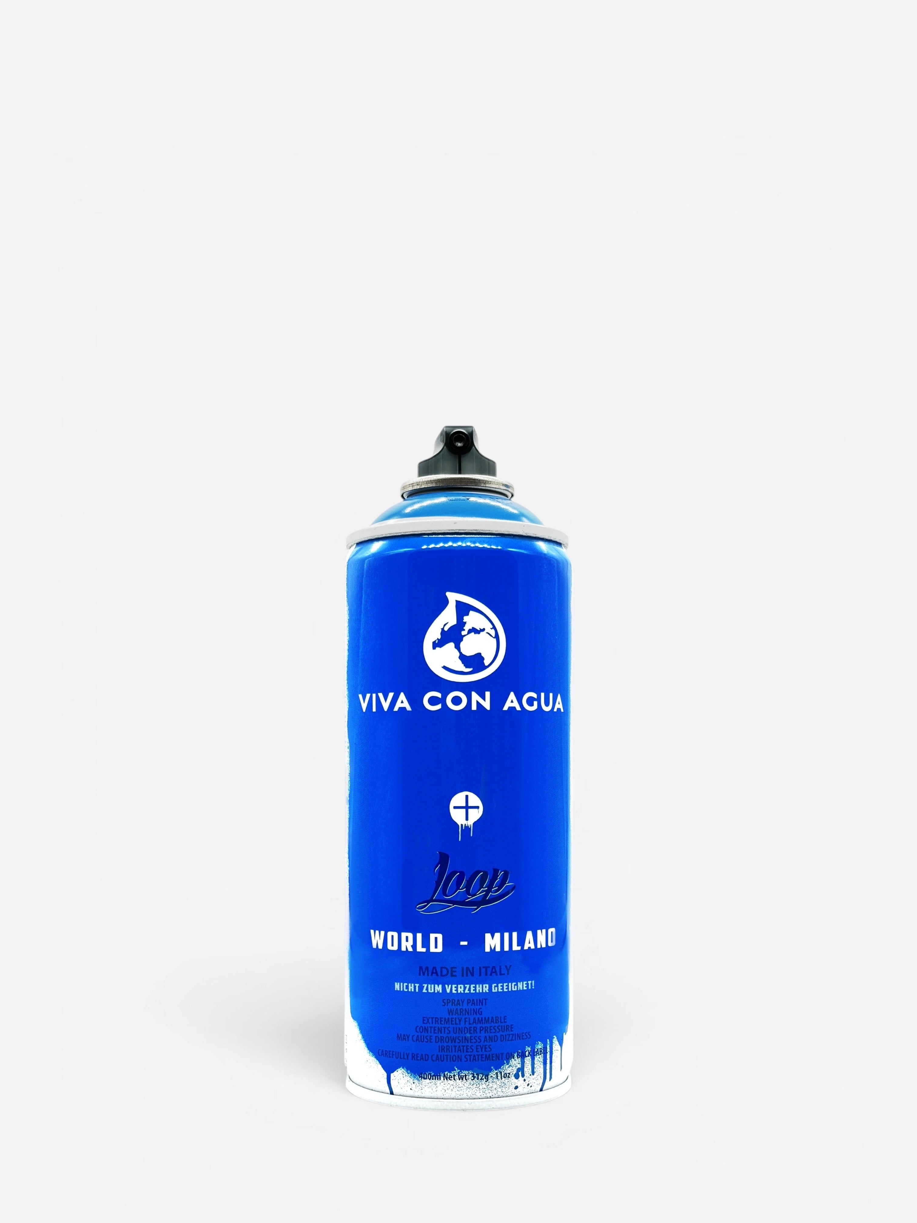 Astrofat Loop x Viva Con Agua limited edition spray paint can, vibrant blue with white lettering and graphics.