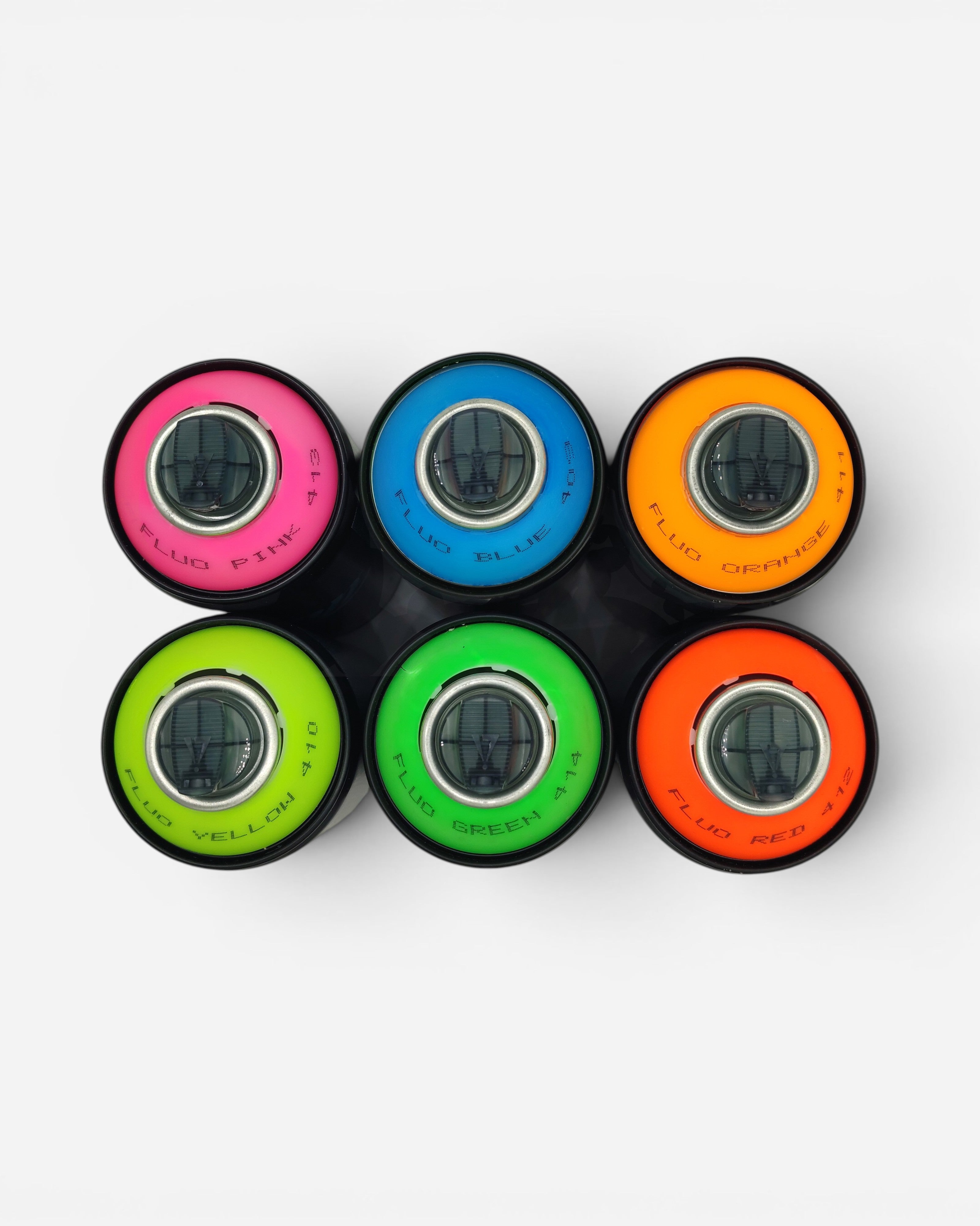 Astrofat Loopcolors Fluo 6x Pack includes pink, blue, orange, yellow, green, and red spray paint cans.