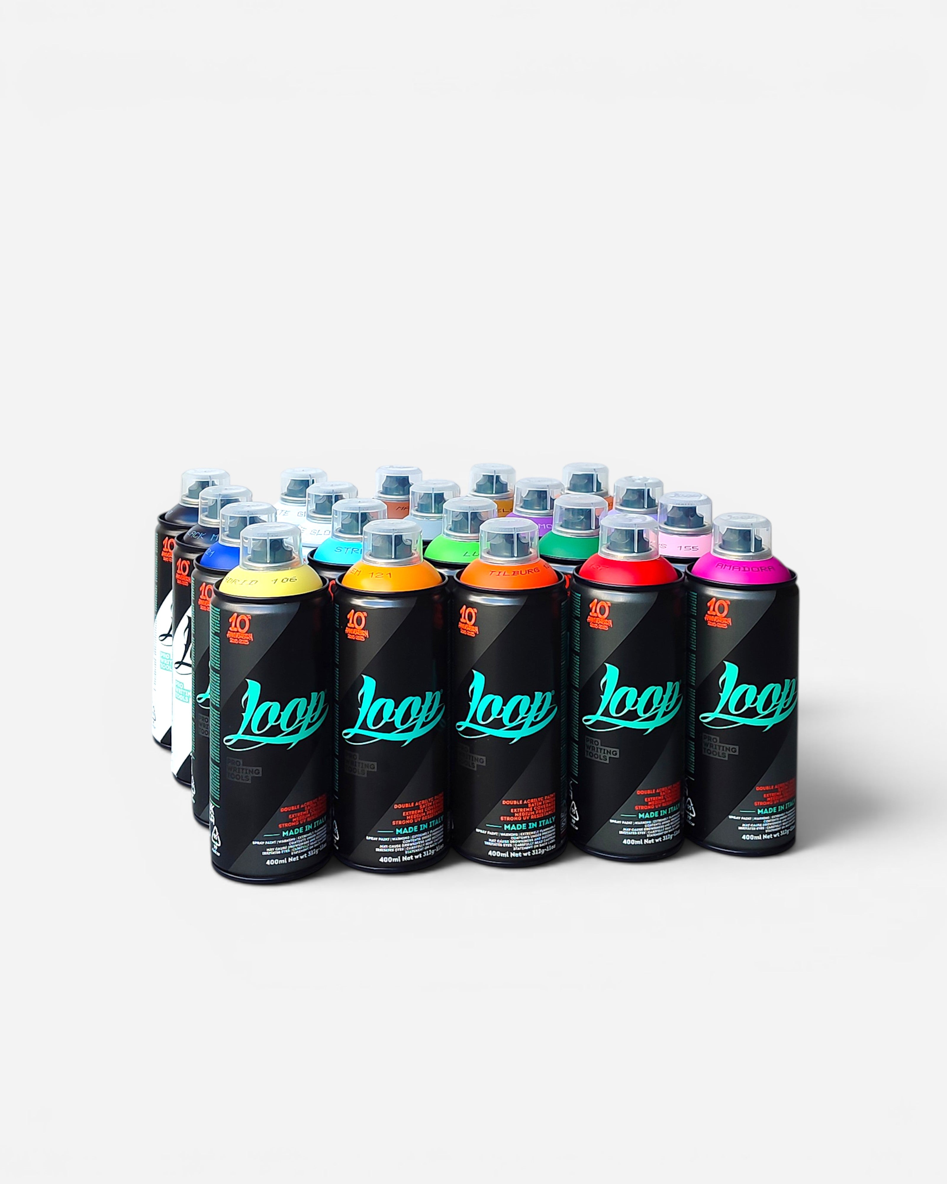 Astrofat Loopcolors 20x Pack spray paint cans in various colors including pink, red, green, orange, and blue.