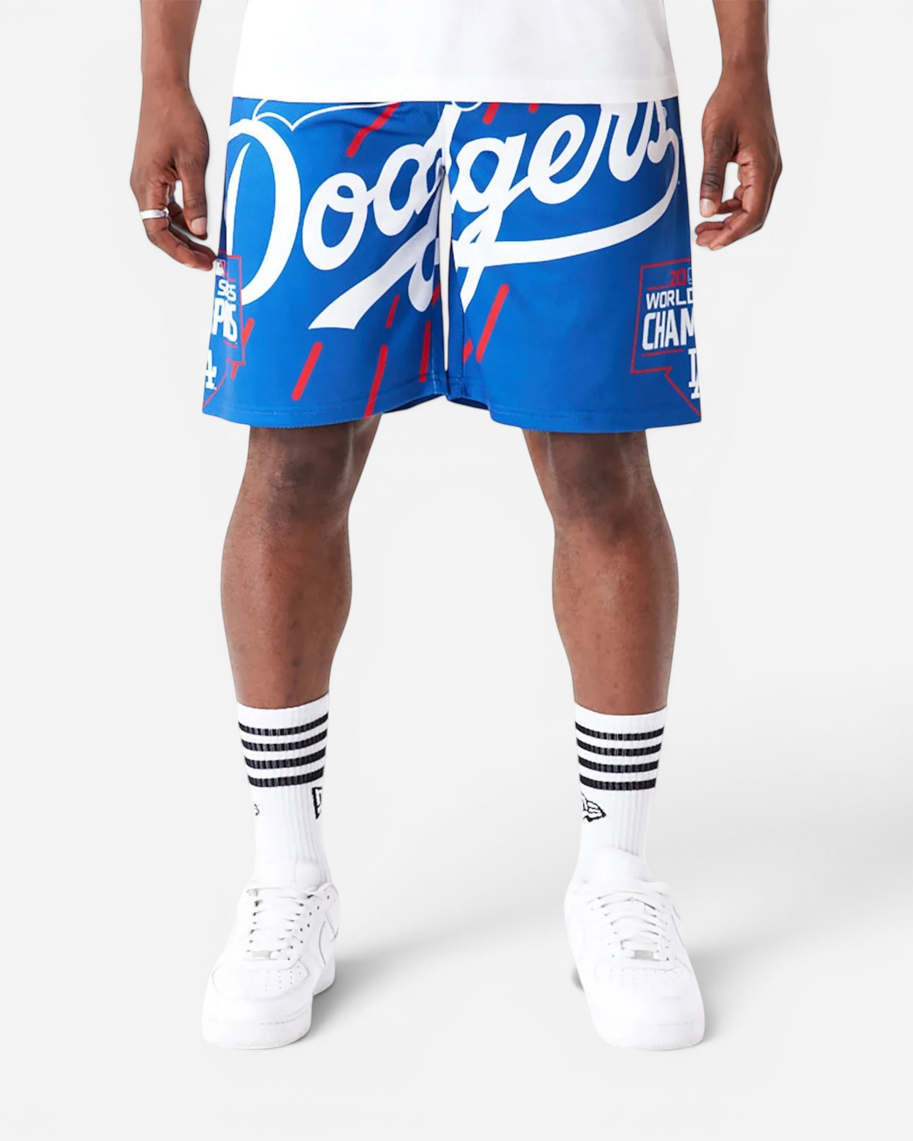 Astrofat blue Los Angeles Dodgers shorts with large white script logo and World Champions graphic print