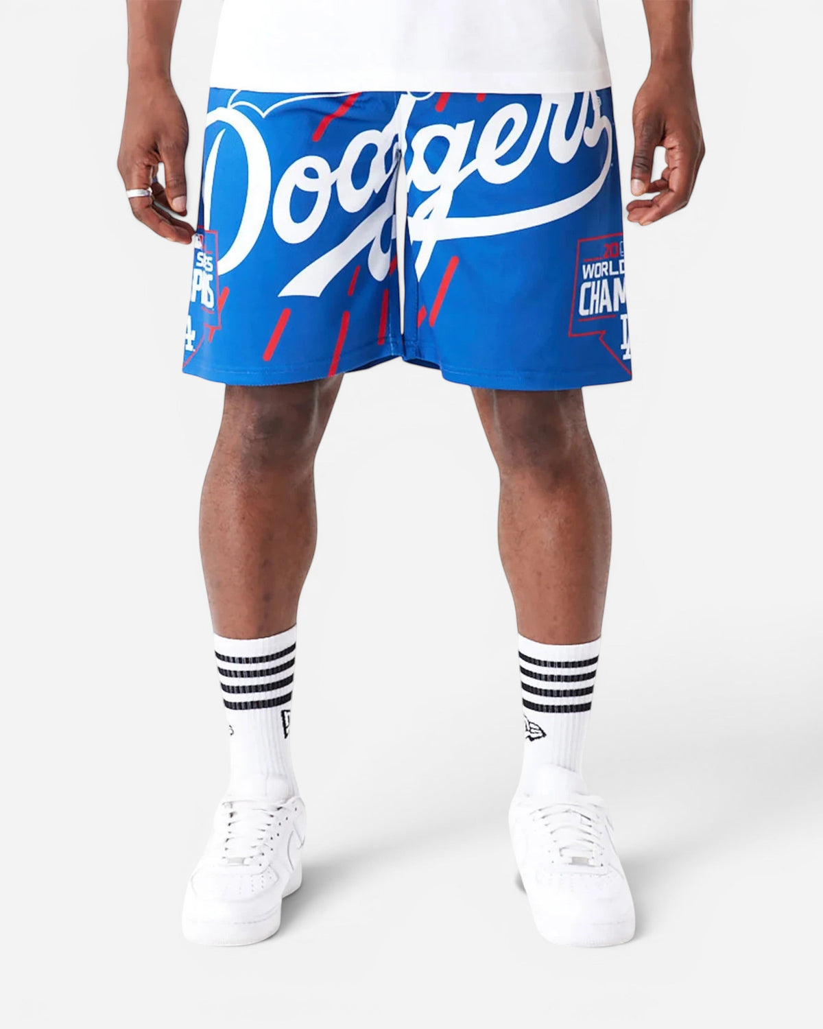 Astrofat blue Los Angeles Dodgers shorts with large white script logo and World Champions graphic print