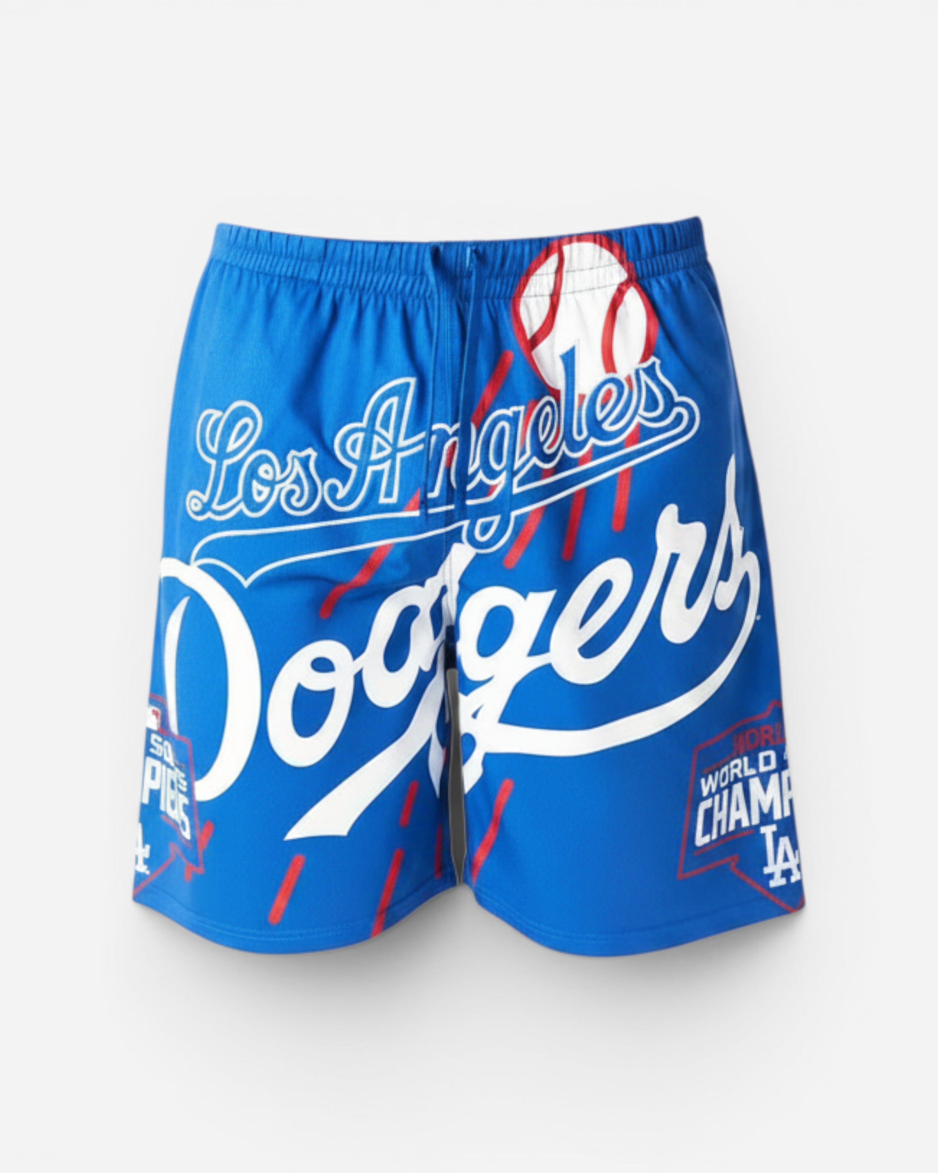 Astrofat blue Los Angeles Dodgers mesh basketball shorts with large white team logo and World Champions graphic.