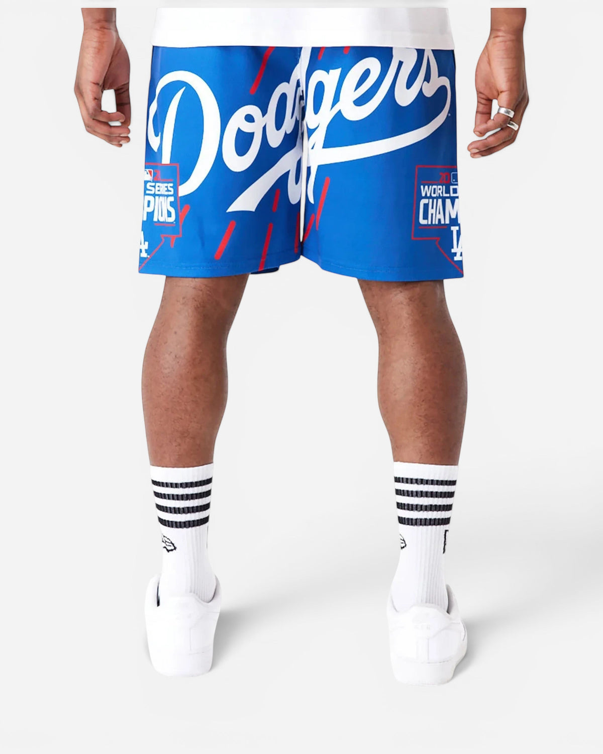 Astrofat Los Angeles Dodgers blue athletic shorts with large white logo and World Series Champions graphics