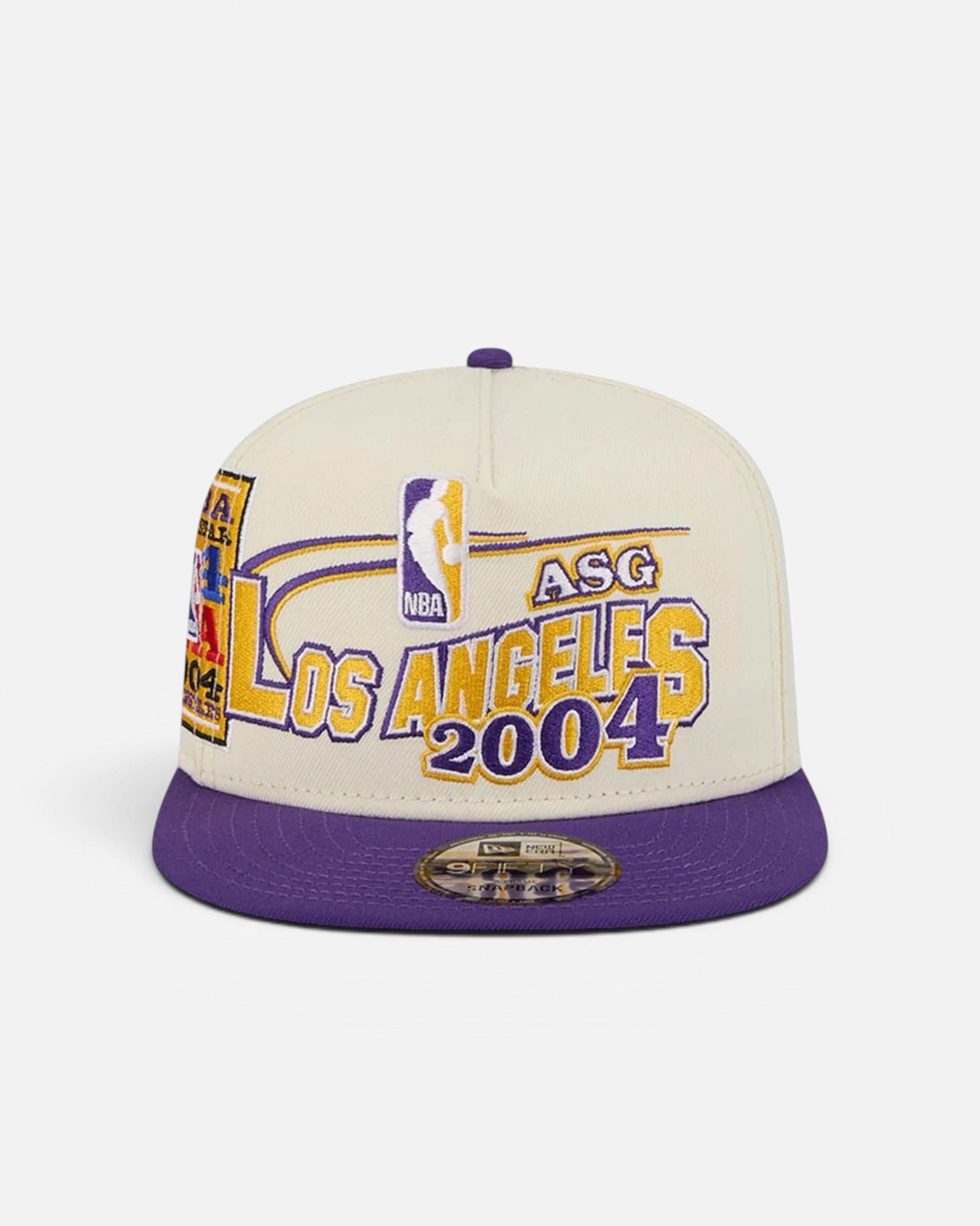 Astrofat 9FIFTY NBA Hardwood Classic All Star Game Los Angeles Lakers cream and purple snapback hat with embroidered text and logos.