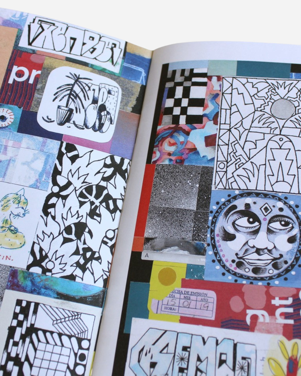 Astrofat Marek Kemse Retrospective Collection zine showing a collage of black and white and colorful graphic art