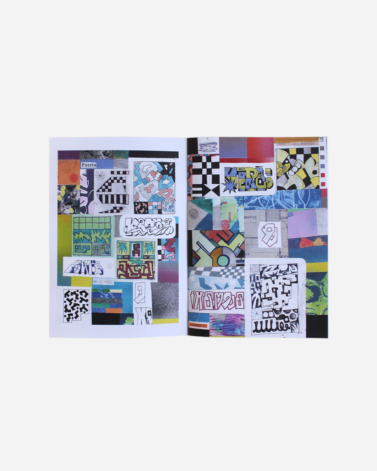 Astrofat Marek Kemse Retrospective Collection zine open to a page featuring a colorful collage of graffiti art designs.