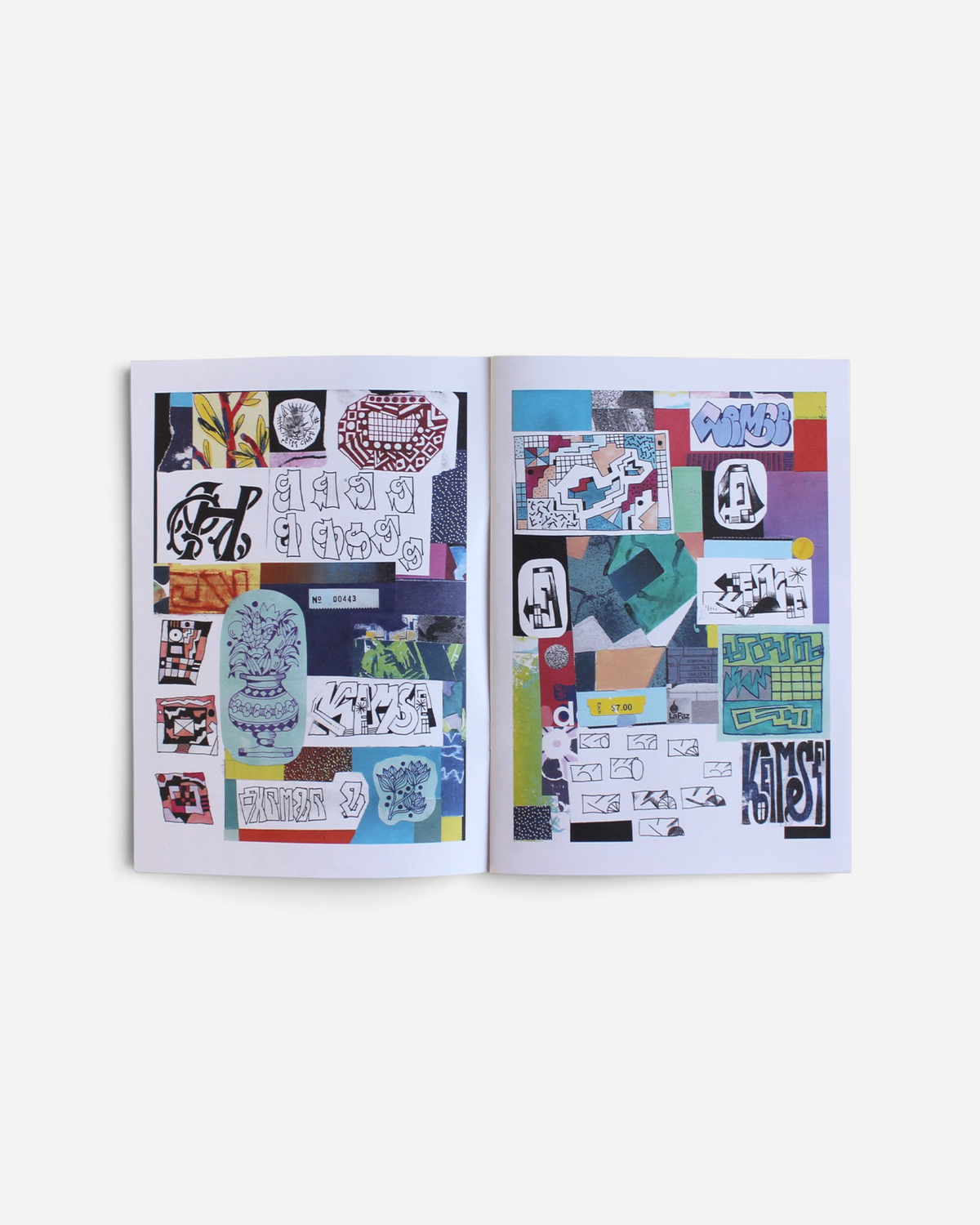 Astrofat Marek Kemse Retrospective Collection zine open to show colorful collage pages with graffiti and illustrations