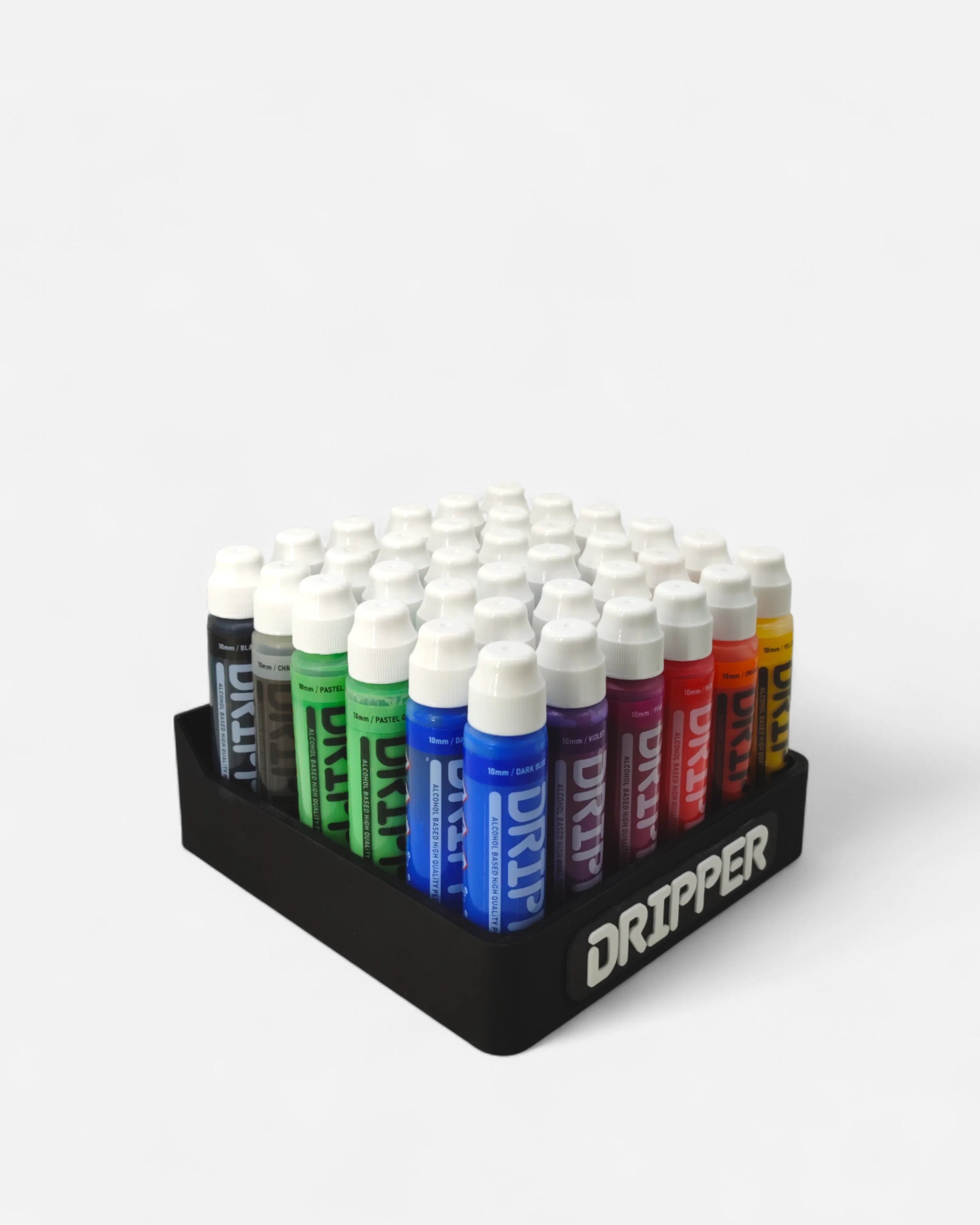 Astrofat Dope Dripper 10mm marker display organizer holding 36 empty markers in various colors like black, green, blue, and red.