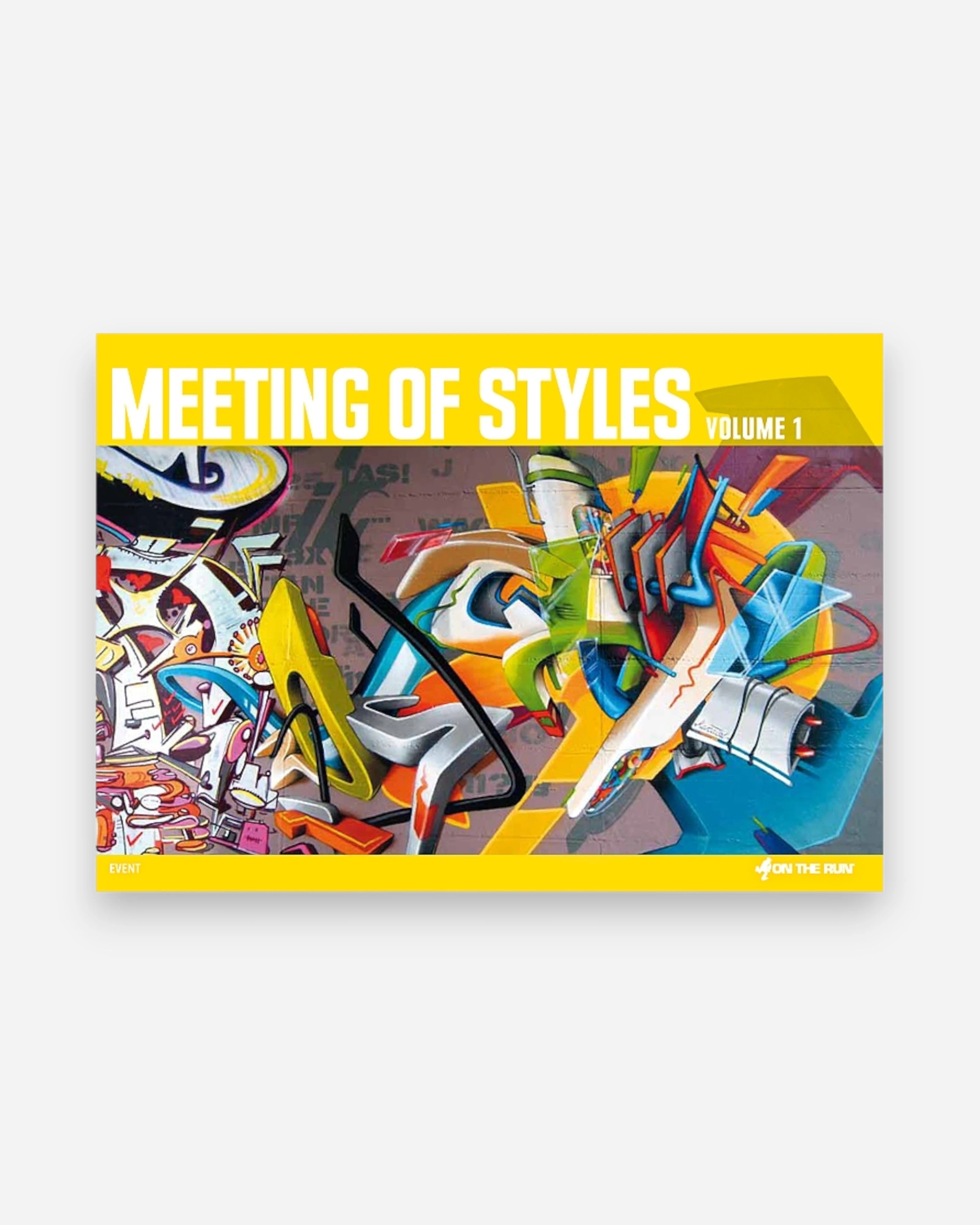 Astrofat Meeting of Styles Volume 1 book cover featuring vibrant graffiti art with bold lettering and abstract shapes in yellow, blue, green, and orange.