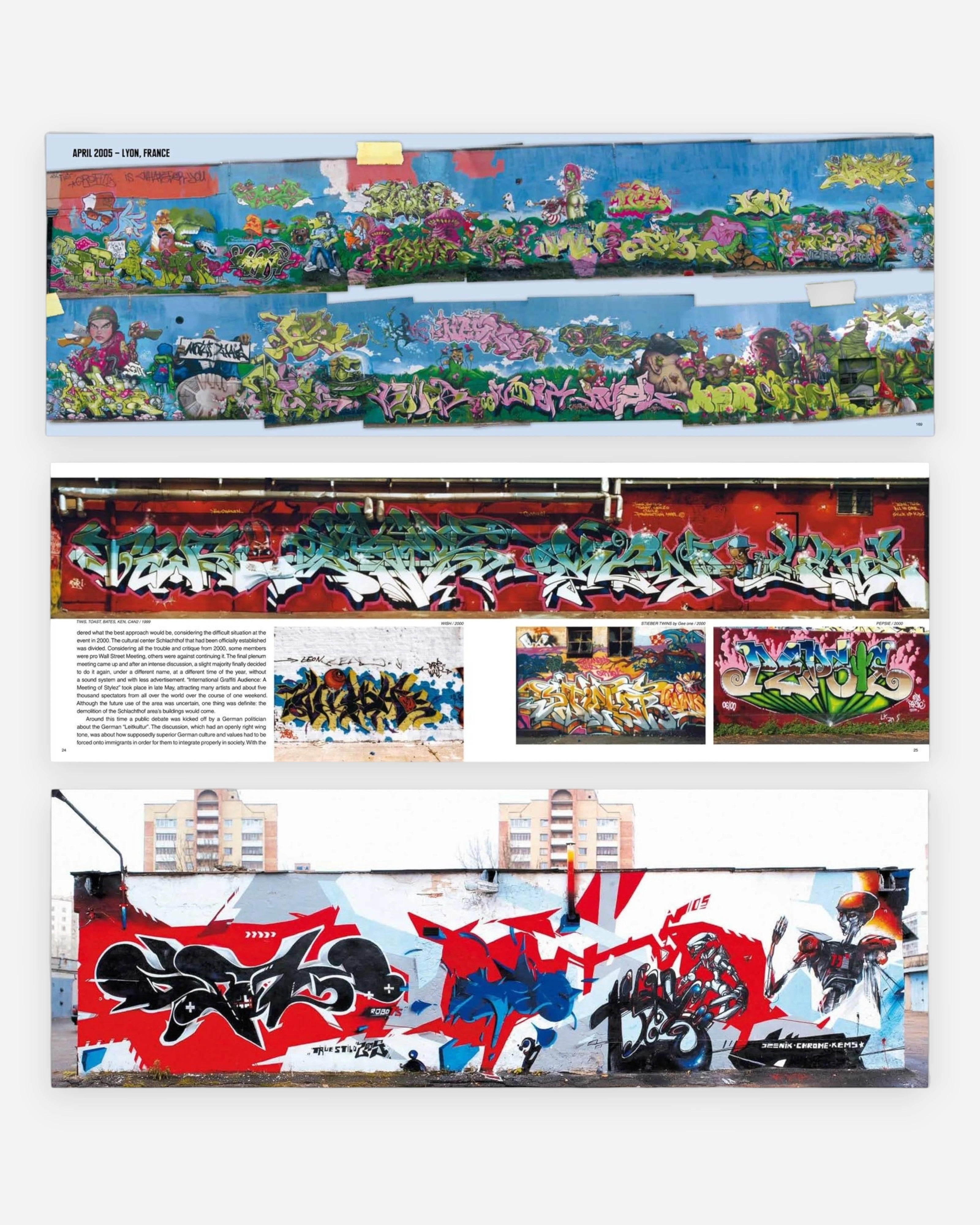 Astrofat Books #17 Meeting of Styles Volume 1 showcases vibrant graffiti art from international festivals, featuring colourful murals and detailed artwork.