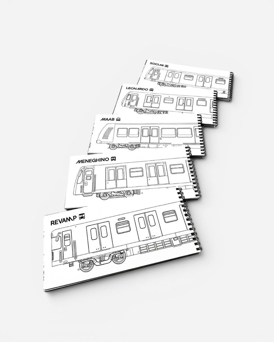 Astrofat Rail Item Sketchbook featuring line drawings of Milan Metro trains: Socimi, Leonardo, MAAB, Meneghino, and Revamp.