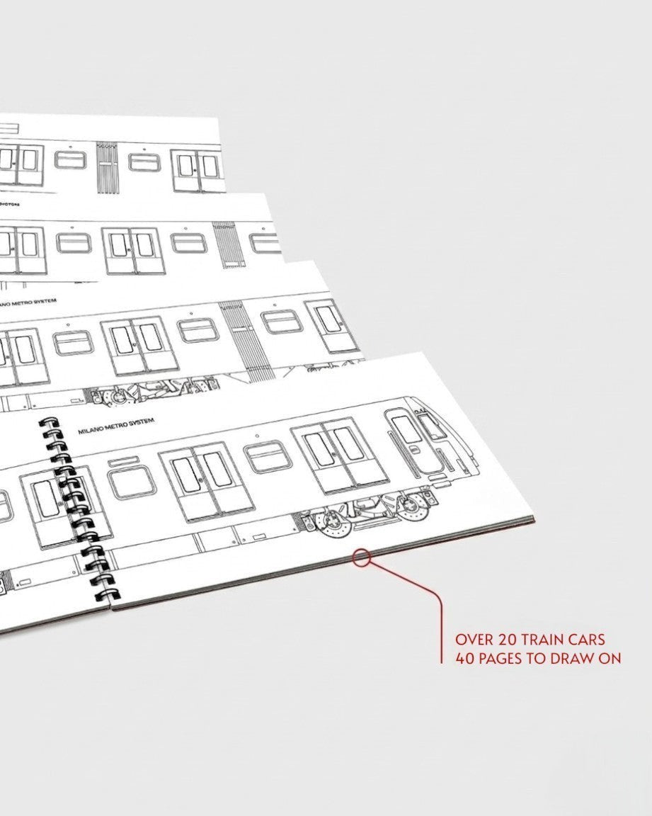 Astrofat Rail Item sketchbook featuring line drawings of Milano Metro System train carriages. Spiral-bound with thick paper for markers.