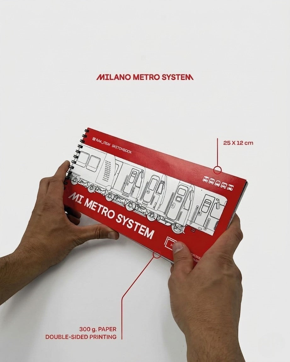 Astrofat Milano Metro System sketchbook with 300 g paper, spiral-bound, featuring line drawings of metro train cars.