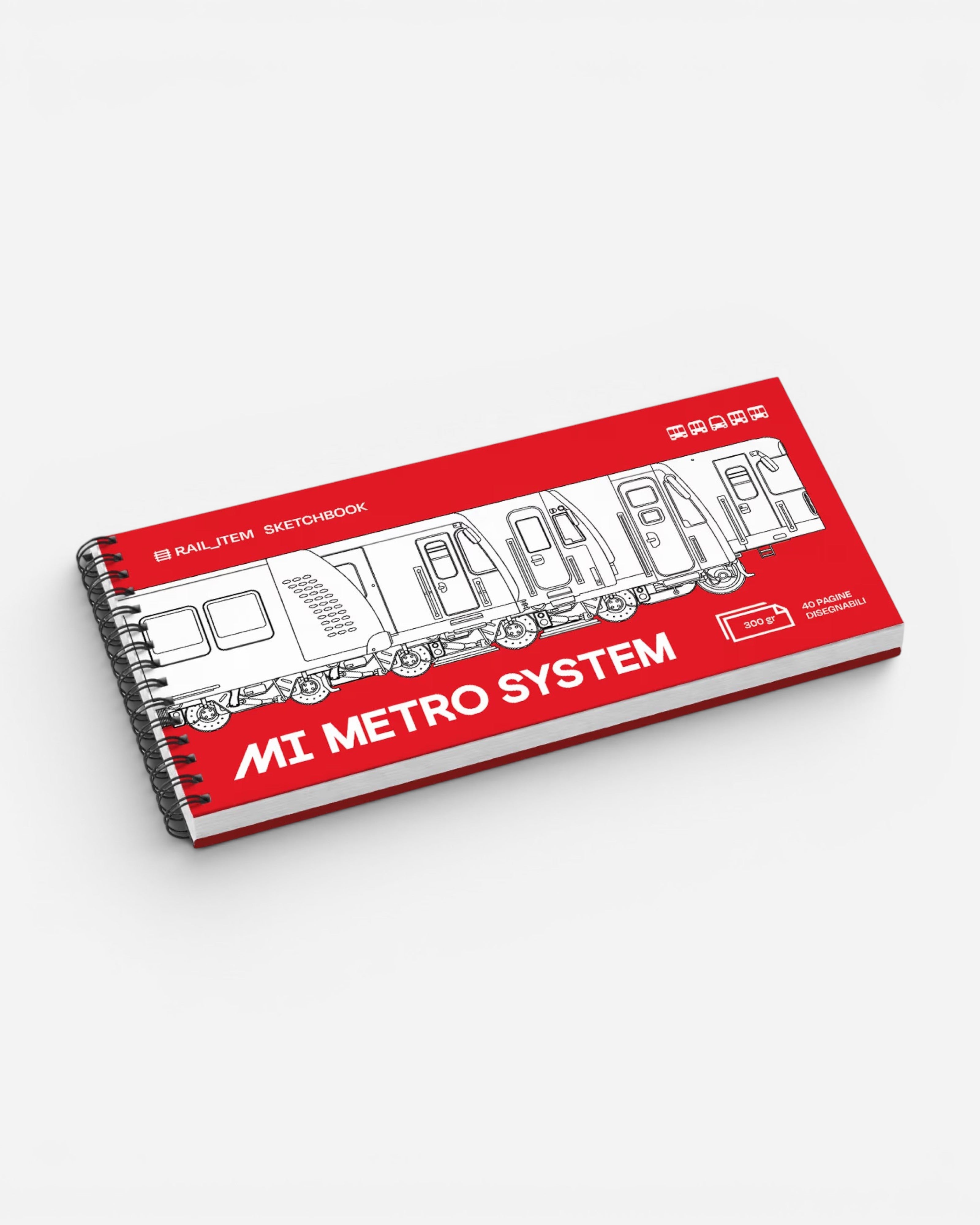 Astrofat Rail Item Sketchbook Edizione Milano Metro System, spiral-bound with red cover featuring line drawings of metro trains.