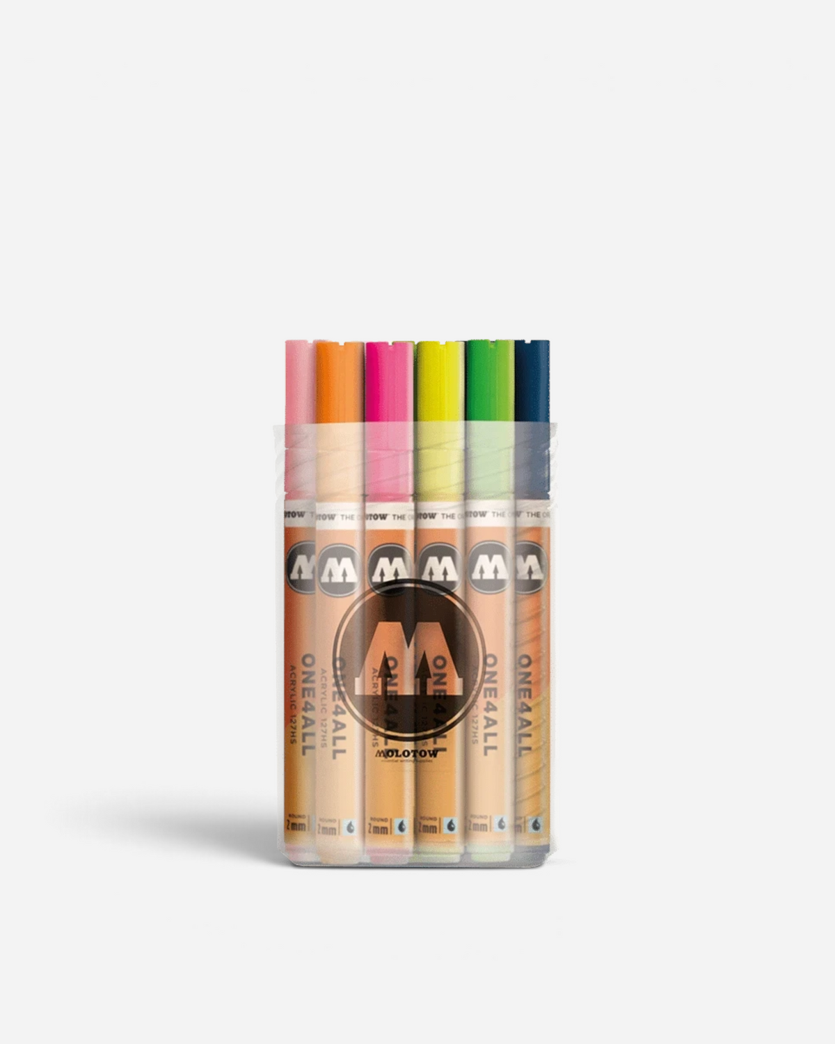 Astrofat Molotow One4All 20-piece acrylic marker kit in a clear plastic storage box with assorted vibrant colors.