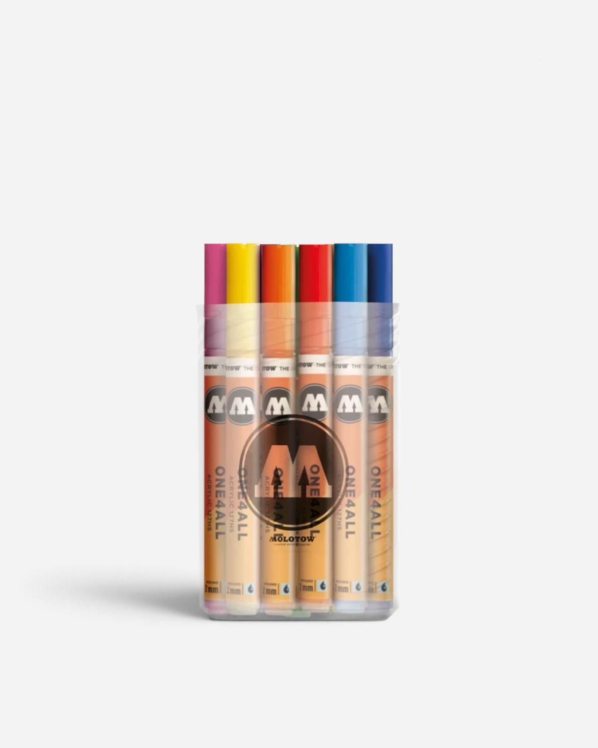 Astrofat Molotow One4All 20-piece acrylic marker set in a clear, reusable storage box with assorted vibrant colors.