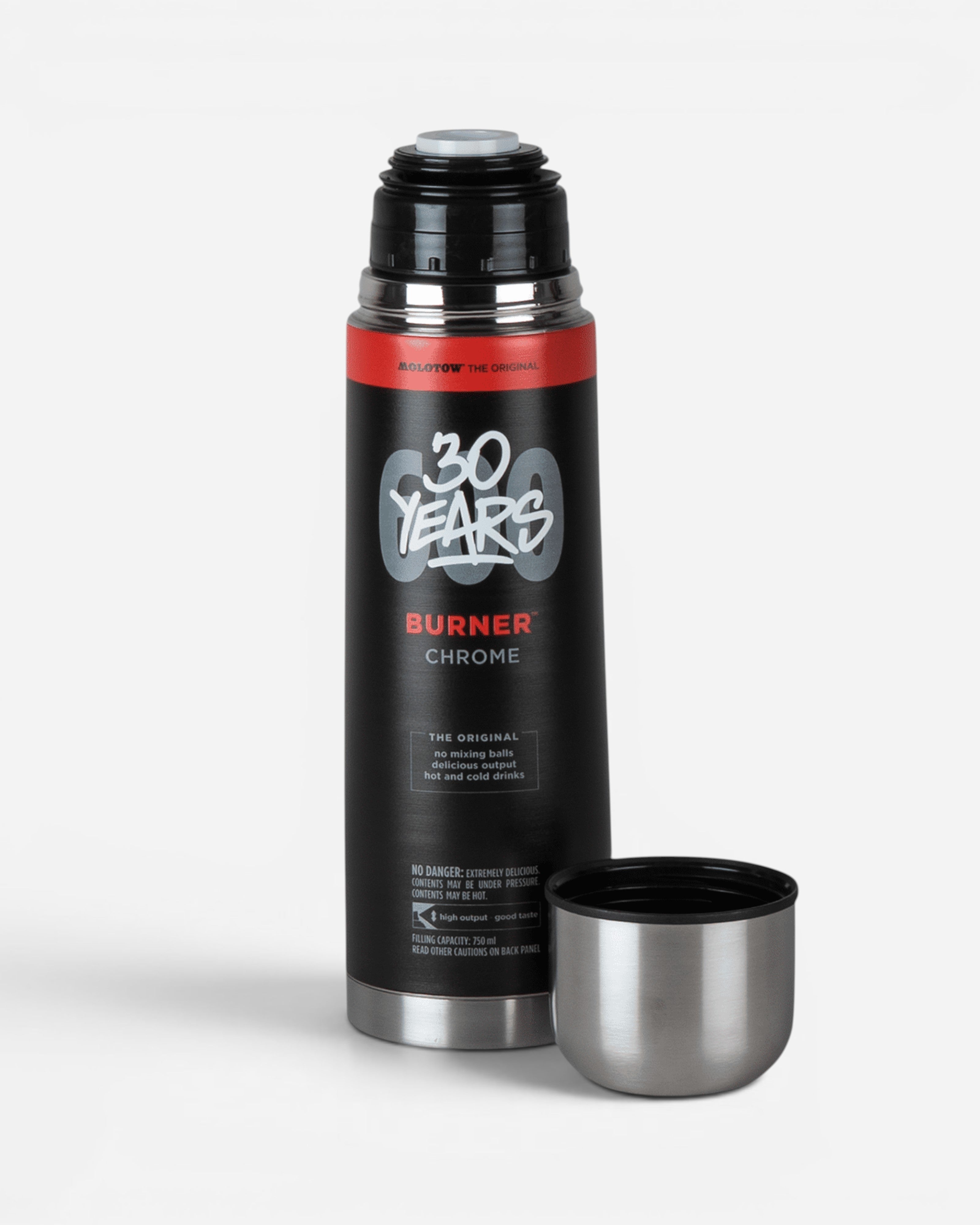Astrofat Molotow Burner Chrome 750ml stainless steel thermos bottle with matte black finish and spray can design.