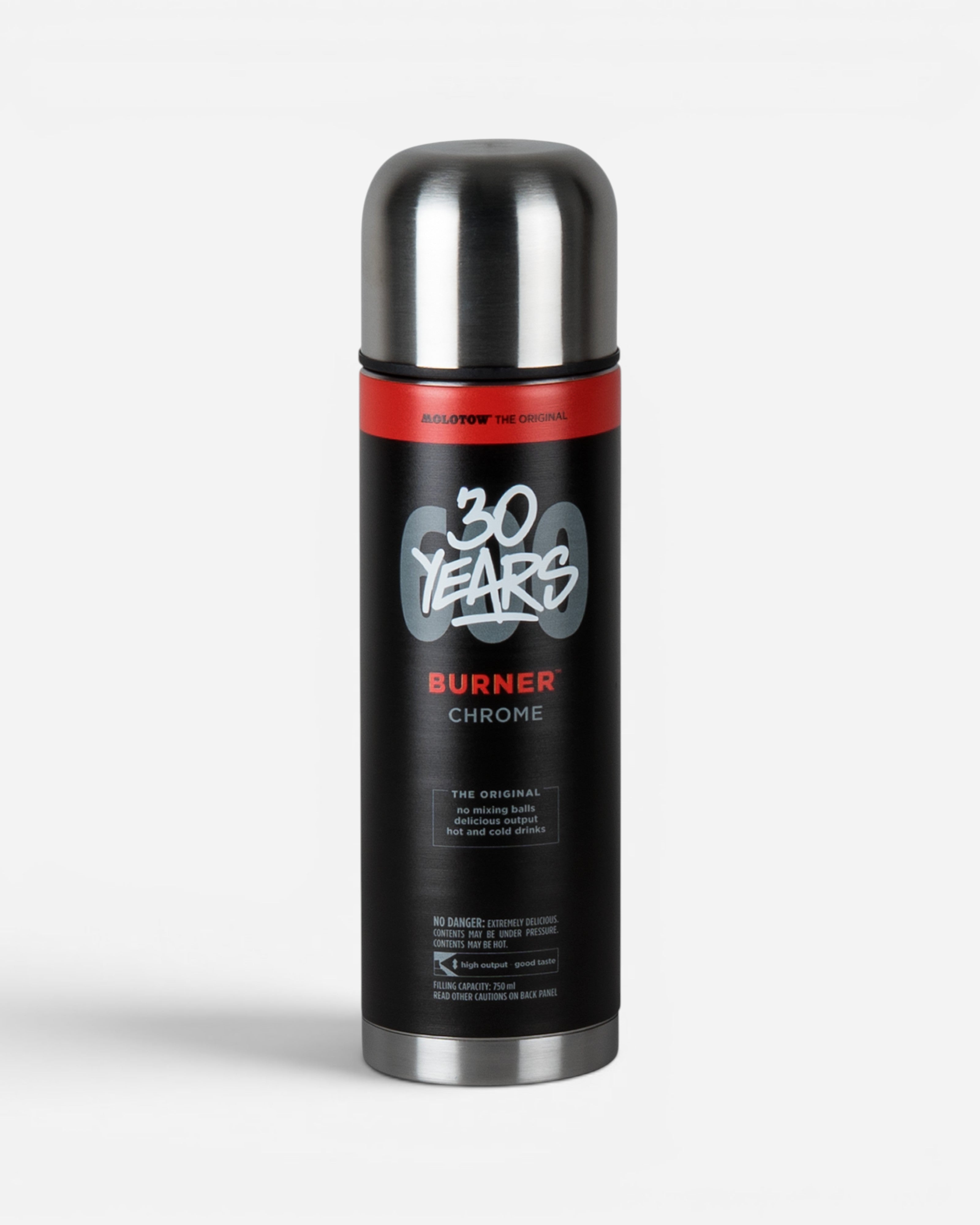 Astrofat Molotow Burner Chrome 750ml stainless steel thermos bottle with a matte black spray can design.