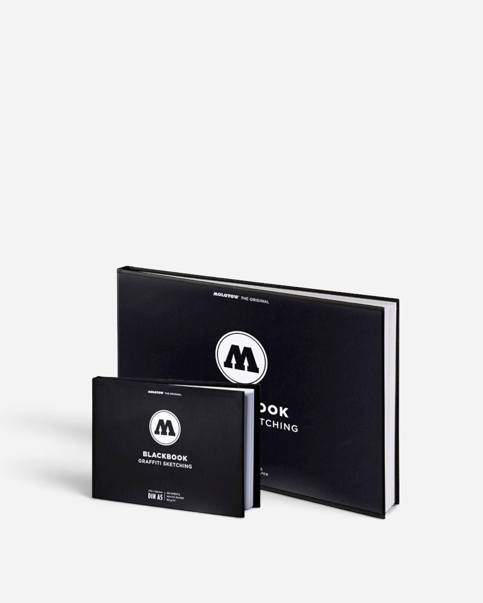 Astrofat Molotow A5 landscape blackbook and larger sketchbook with black hardcovers and embossed white logos