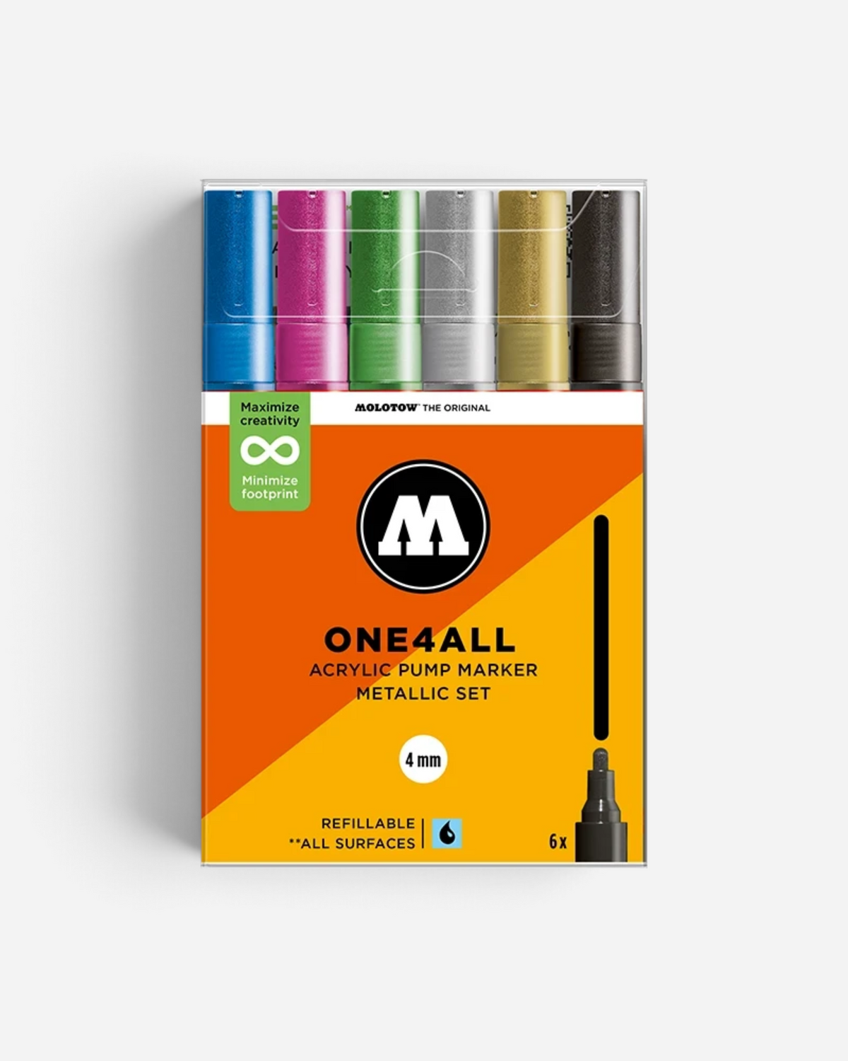 Astrofat Molotow One4All metallic acrylic marker set with 6 vibrant colours and 4mm round tips in clear packaging.