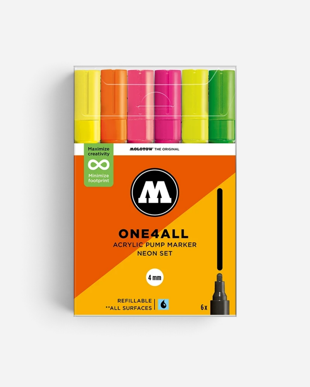 Astrofat Molotow One4All neon acrylic marker set with 6 vibrant fluorescent colours and 4mm round tips