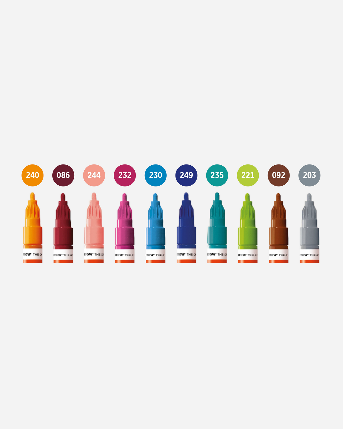 Astrofat Molotow One4All 2mm acrylic marker set featuring 10 vibrant colors with round tips for various surfaces.